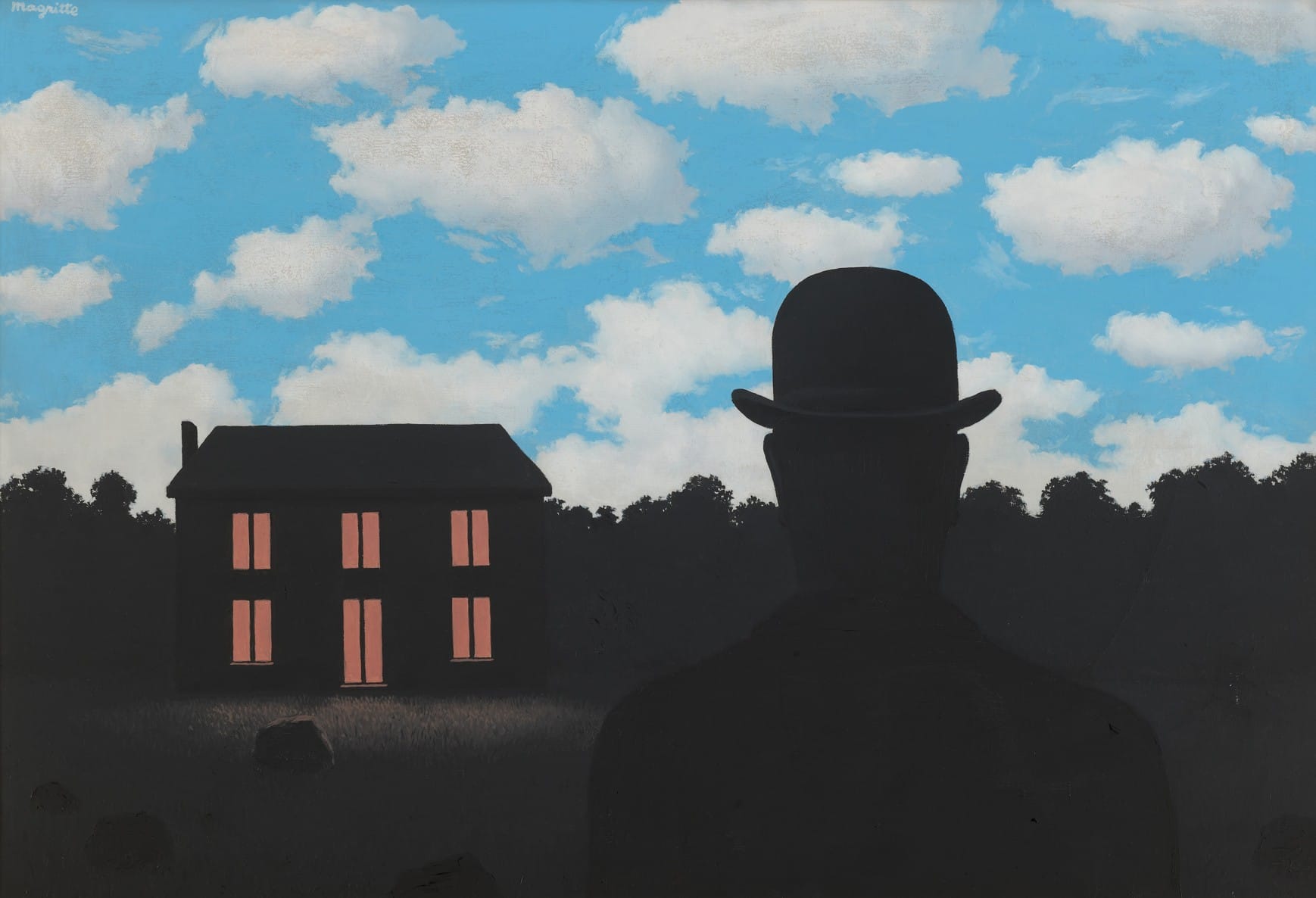 Magritte painting of a dark house and a bowler-hatted silhouette under a bright daytime sky