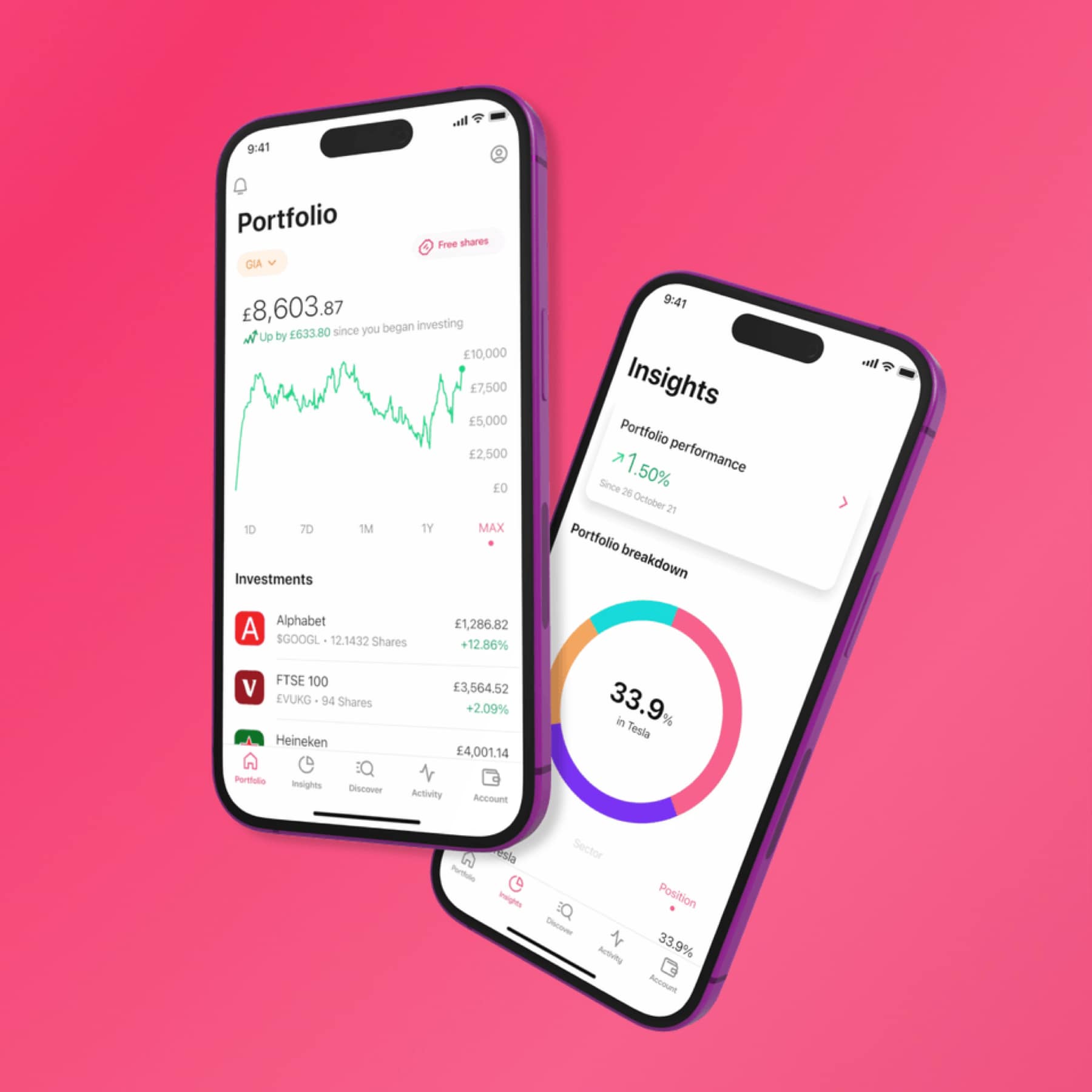 Two smartphones displaying the Freetrade app portfolio screen and insights screen with holdings and performance chart.