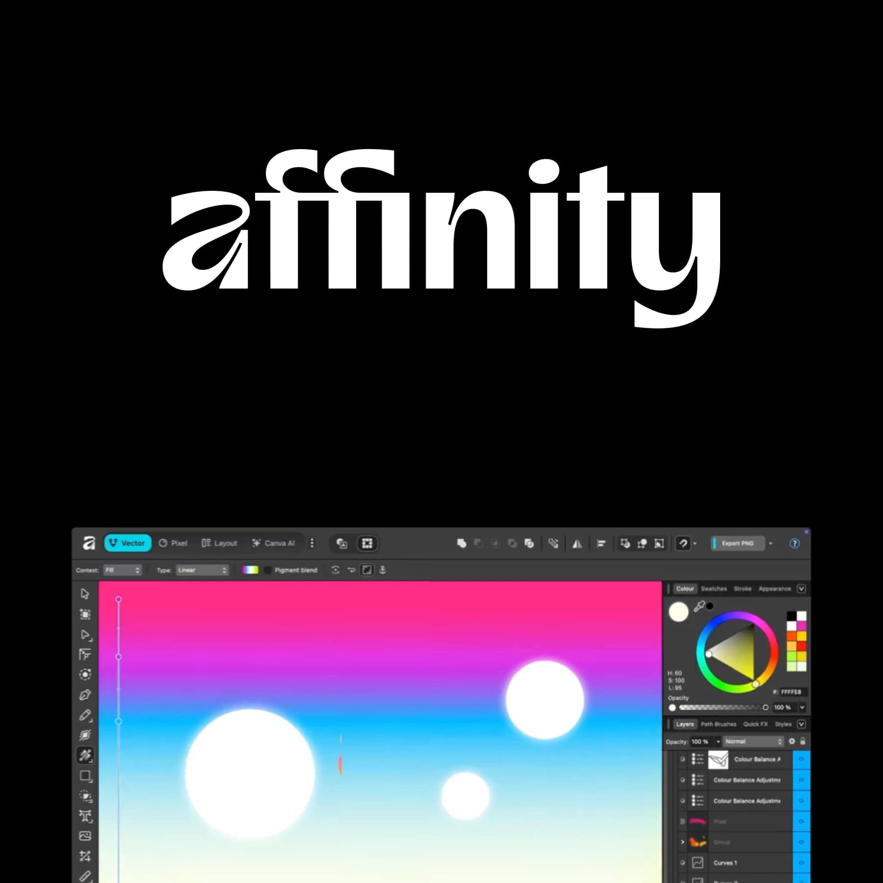Screenshot of Affinity by Canva app interface with colourful gradient artwork and design tools visible on screen