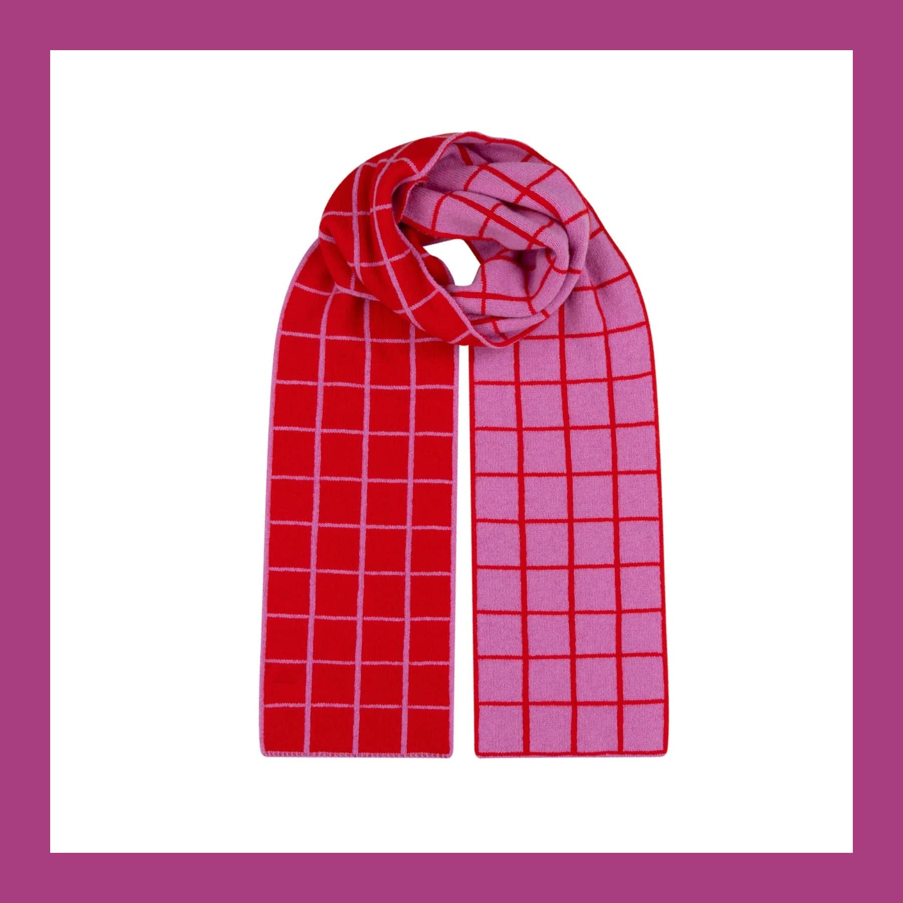 Quinton and Chadwick Graph Scarf laid flat, one half red with a pink grid and the other pink with a red grid