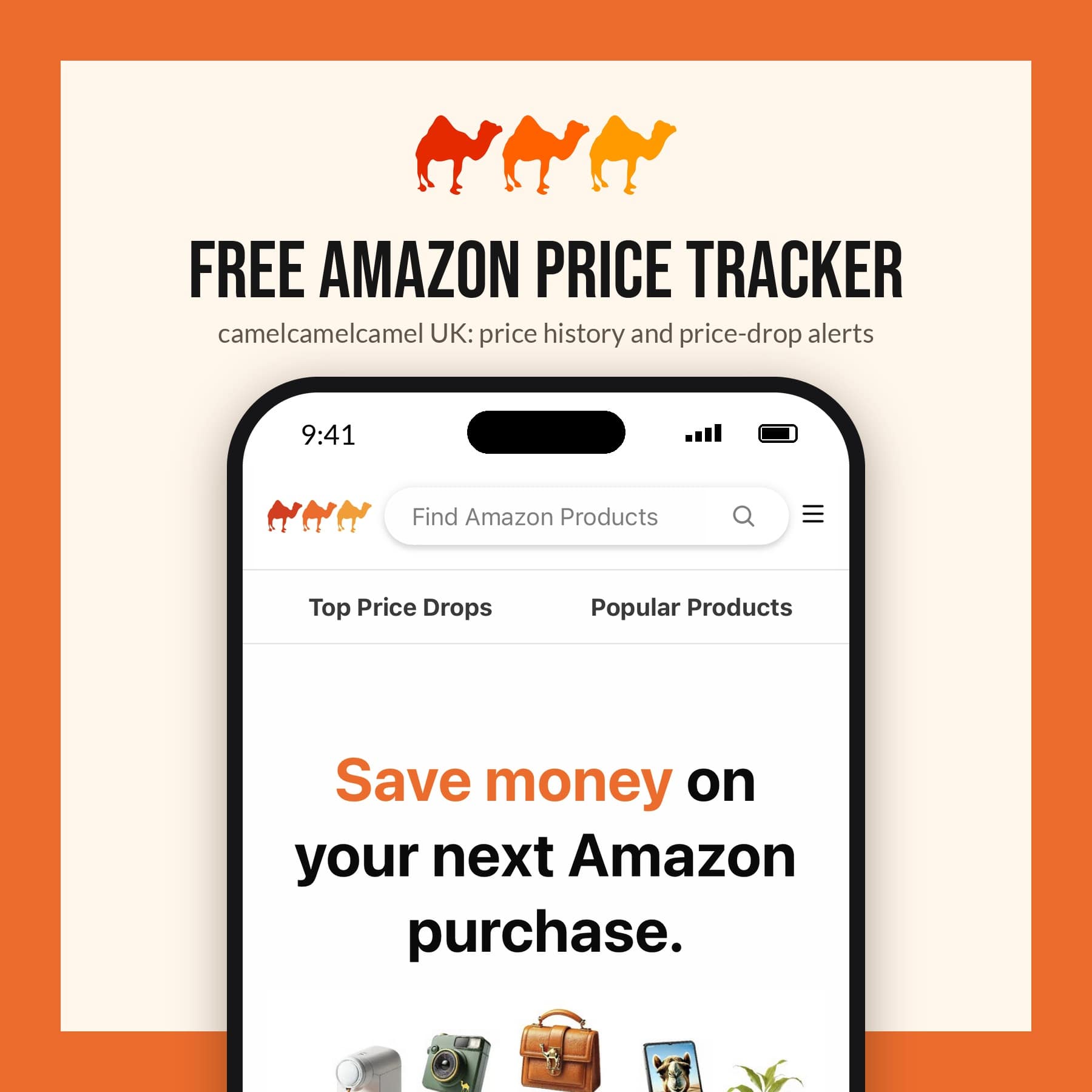 camelcamelcamel UK home page on a phone, with the three-camel logo and the headline Save money on your next Amazon purchase