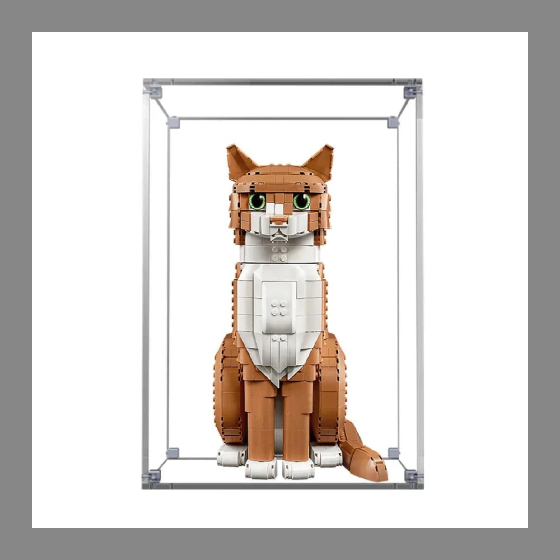 LEGO Orange Tabby Cat set inside a clear acrylic BrickZone Hub display case