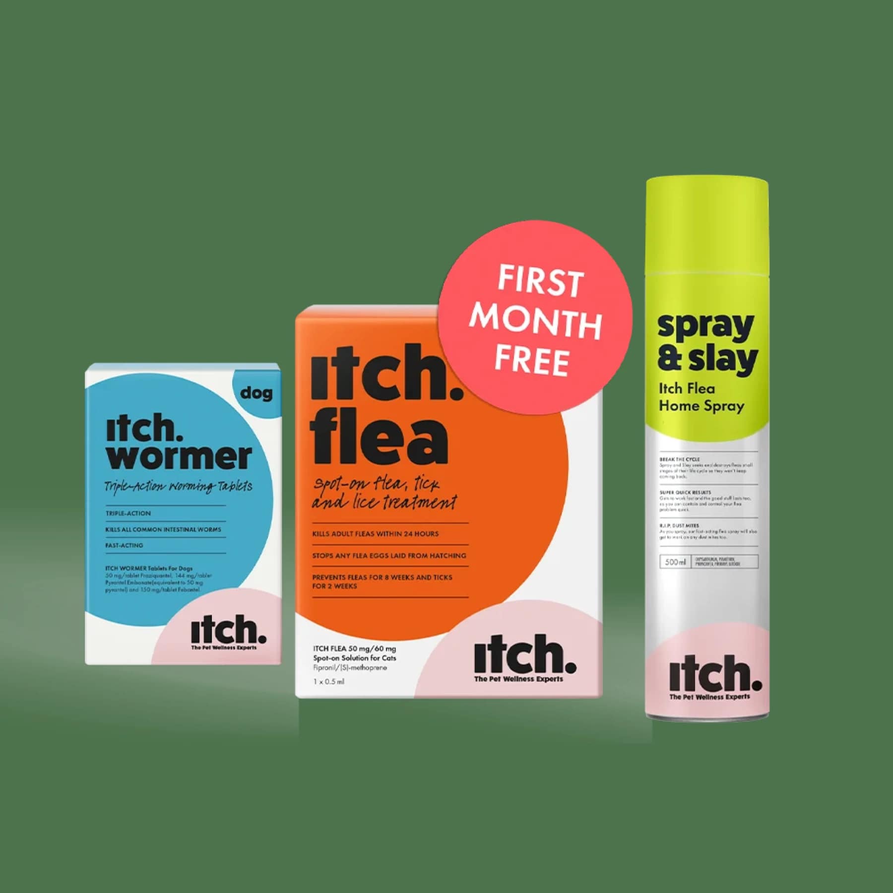 Itch flea treatment, wormer tablets and spray on green background with first month free badge