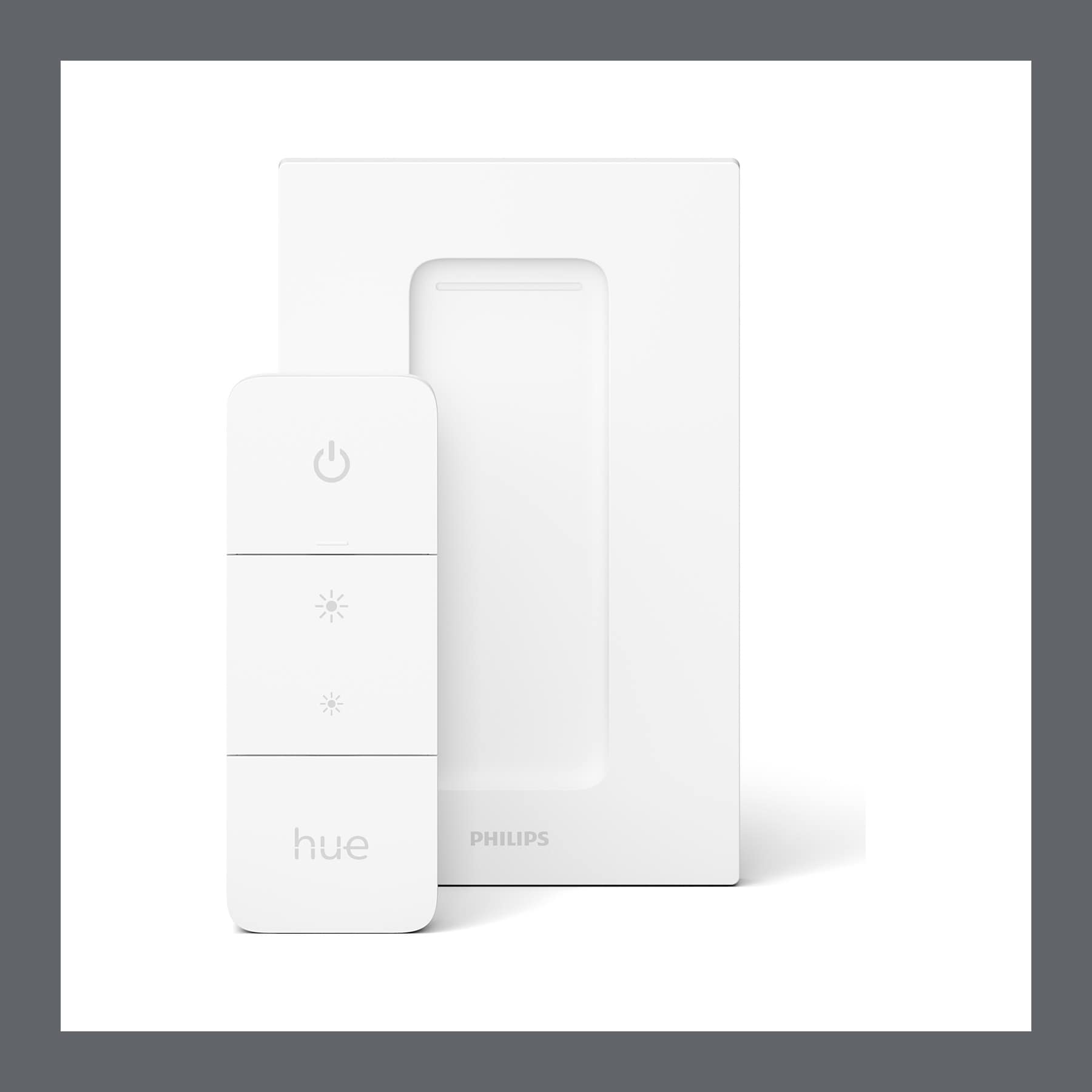 Philips Hue Dimmer Switch remote on its wall plate, on a grey background