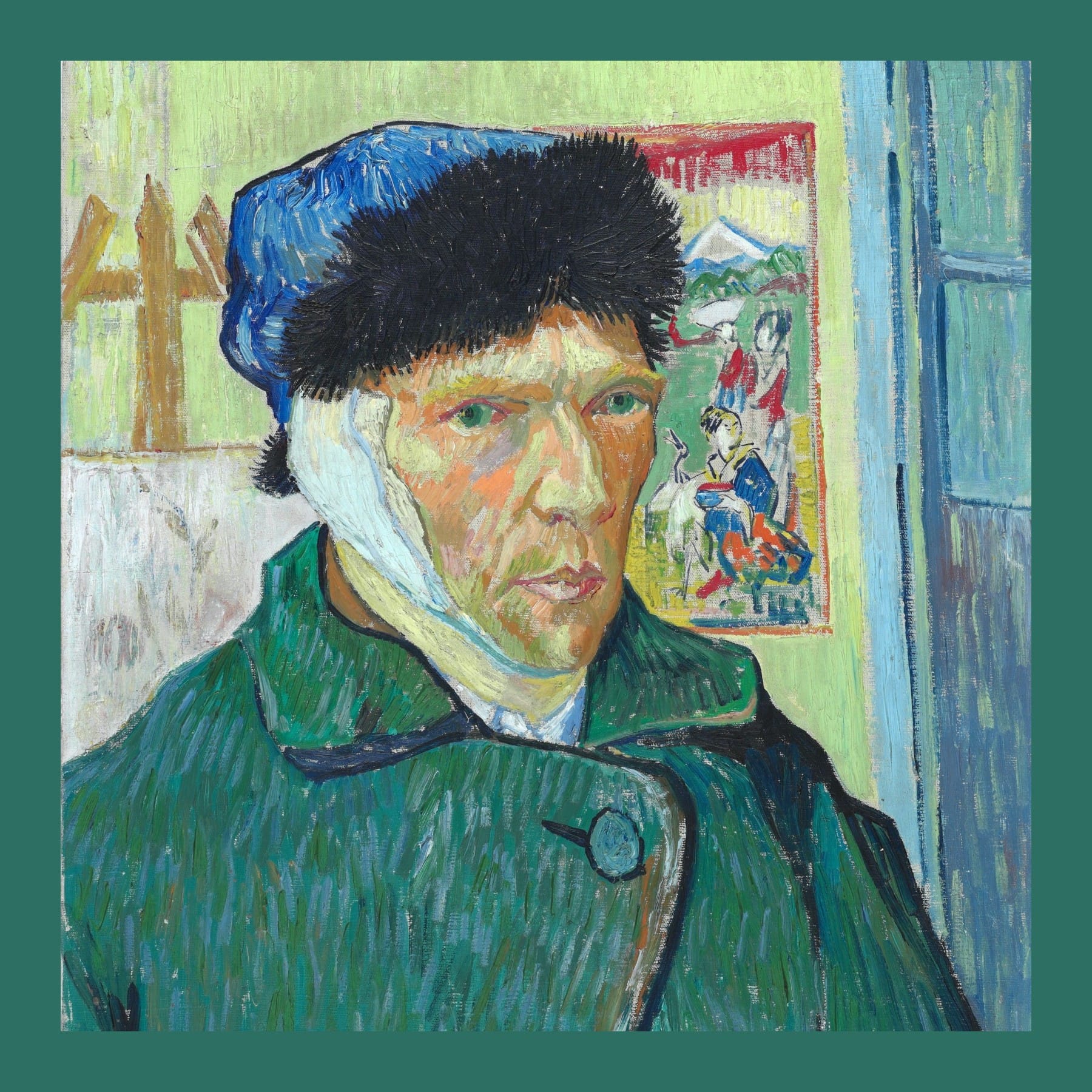 Van Gogh painted self-portrait in a green coat and fur cap with a bandage over his ear, an easel and a Japanese print behind