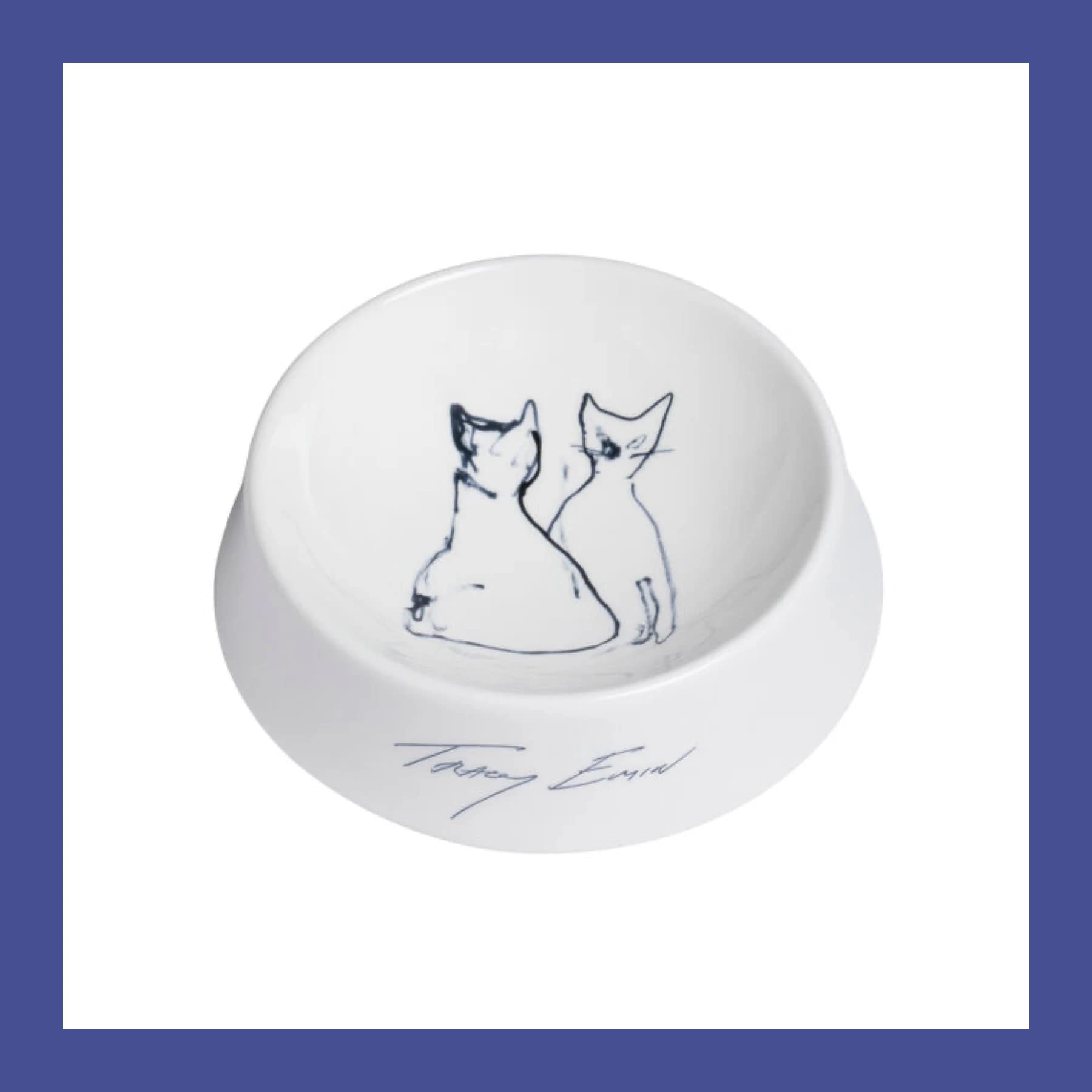 White fine bone china cat bowl with deep blue sketch of two cats and Tracey Emin signature