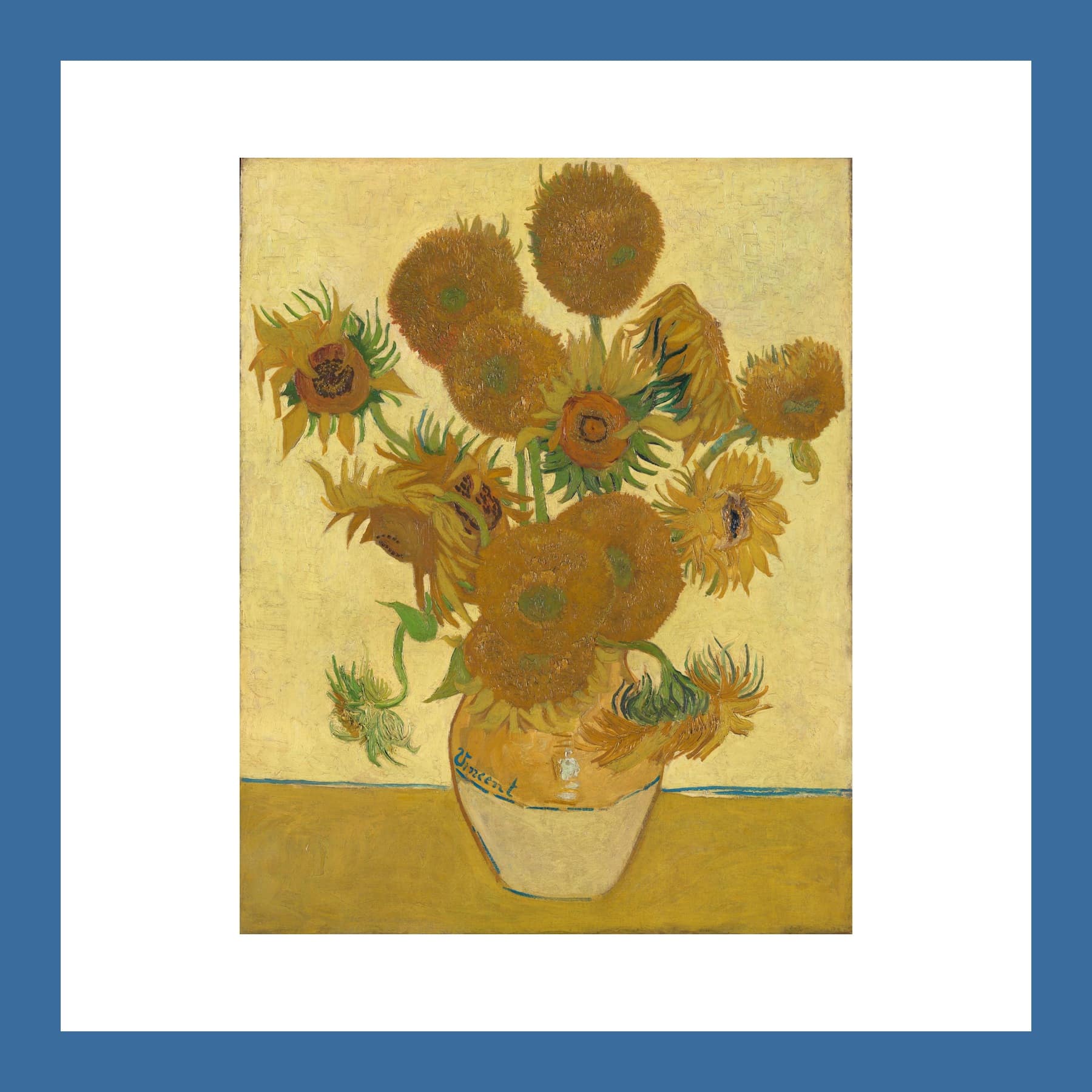 Van Gogh's Sunflowers, a vase of yellow sunflowers on a yellow ground, shown as a print inside a blue border