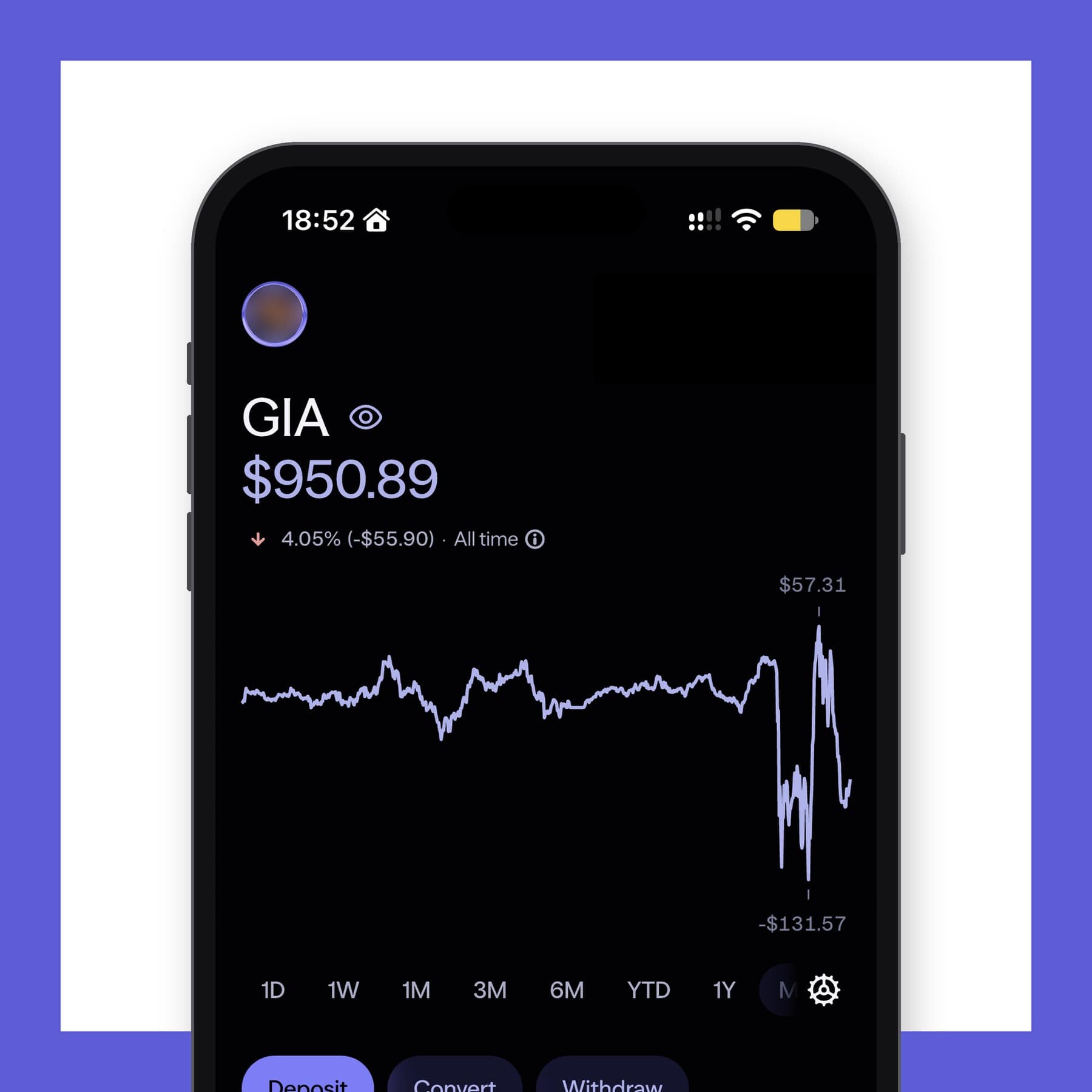 Lightyear app on a phone showing a general investment account balance and performance chart