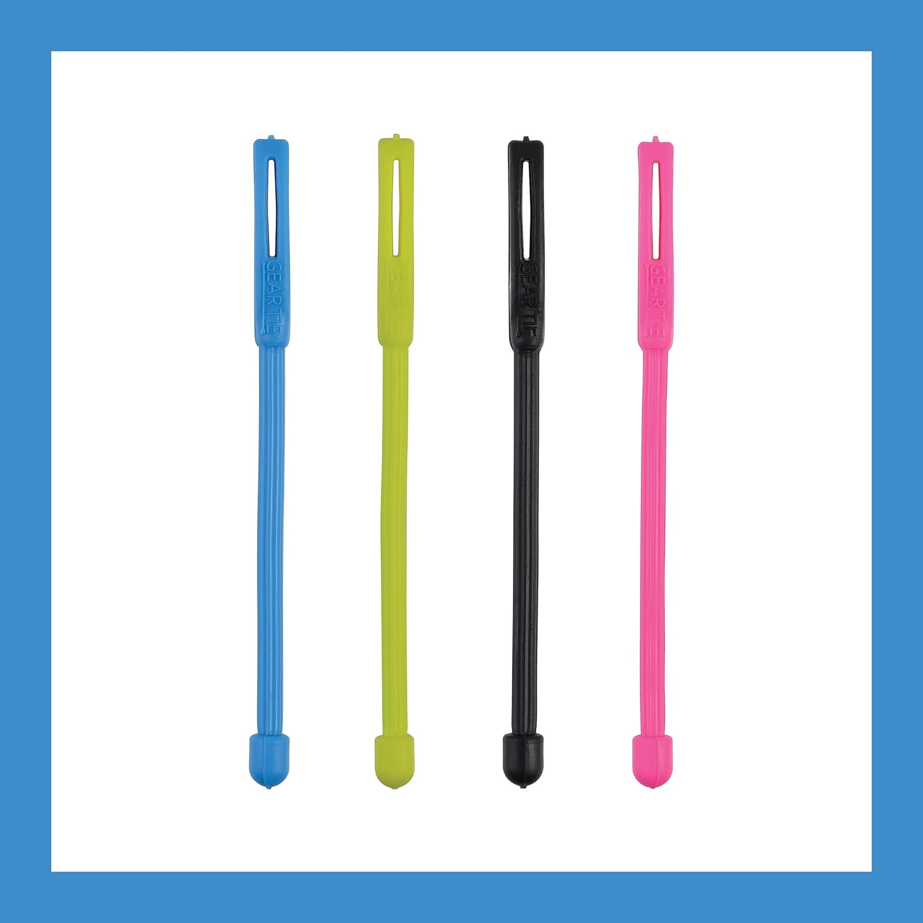 Four Nite Ize Gear Tie Cordable 3-inch twist ties in blue, lime green, black and pink