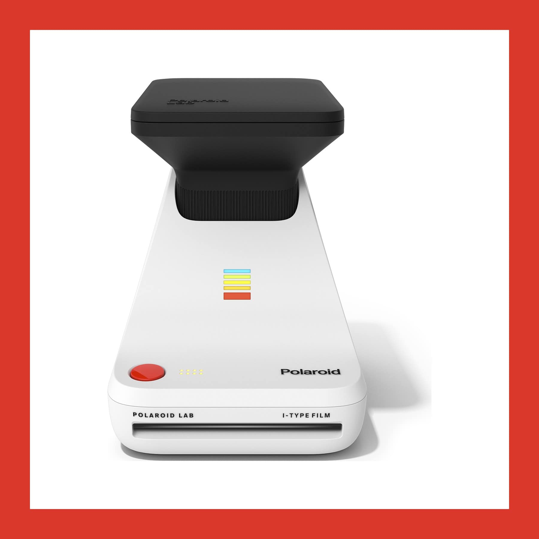 White Polaroid Lab instant printer with its black phone cradle on top