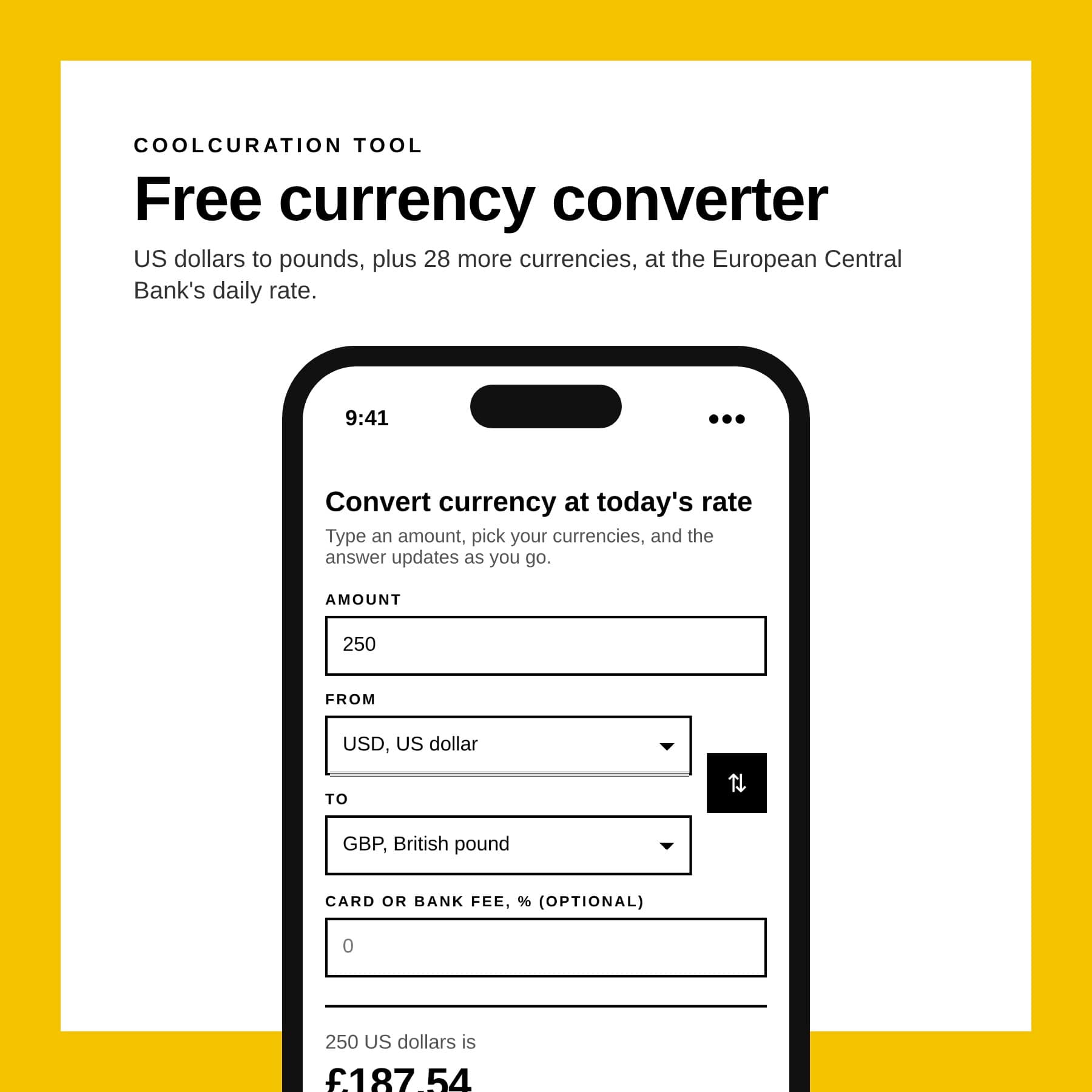 Phone screen showing the CoolCuration currency converter turning 250 US dollars into £187.54