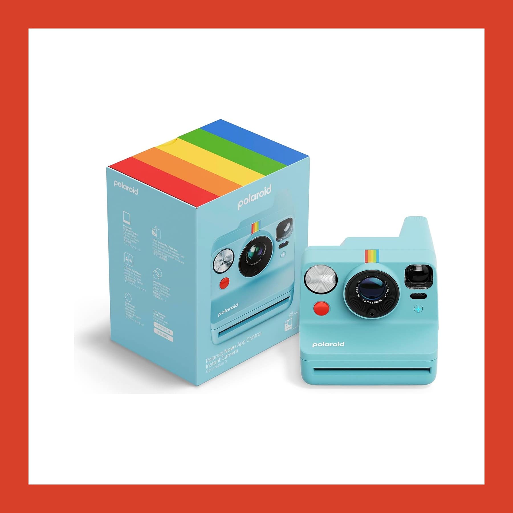 Polaroid Now+ Generation 3 instant camera in Arctic Blue beside its box