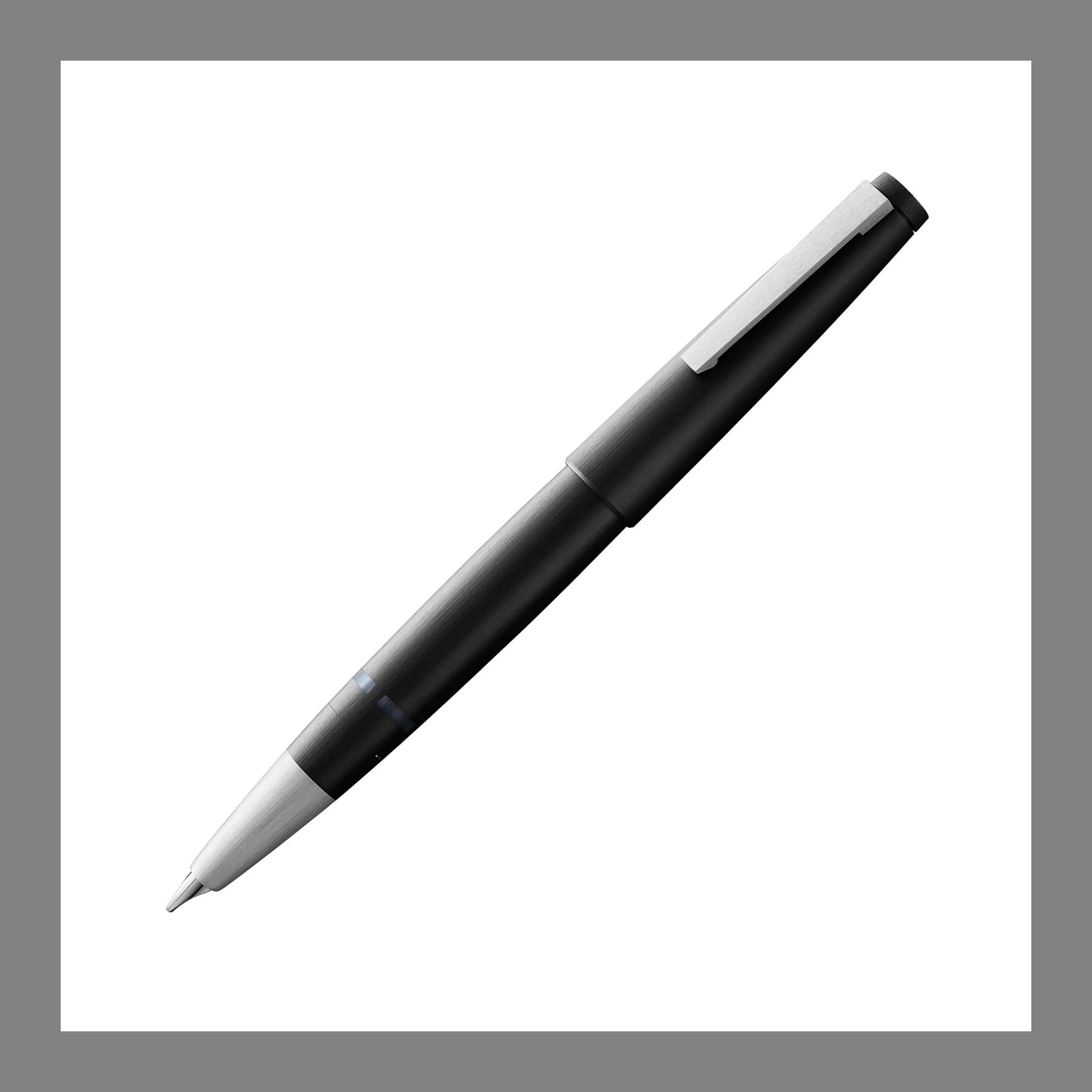 Black Lamy 2000 fountain pen with a brushed steel section
