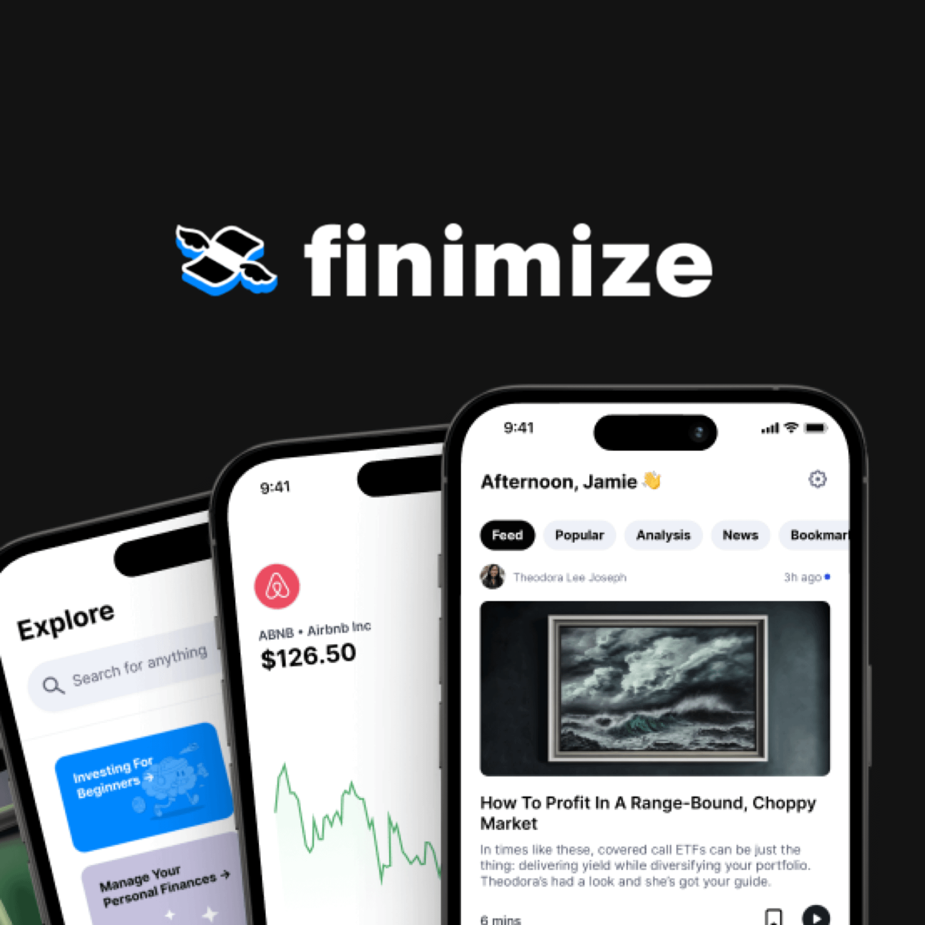 The Finimize app on three iPhones, showing the Explore page, an Airbnb stock chart and the news feed