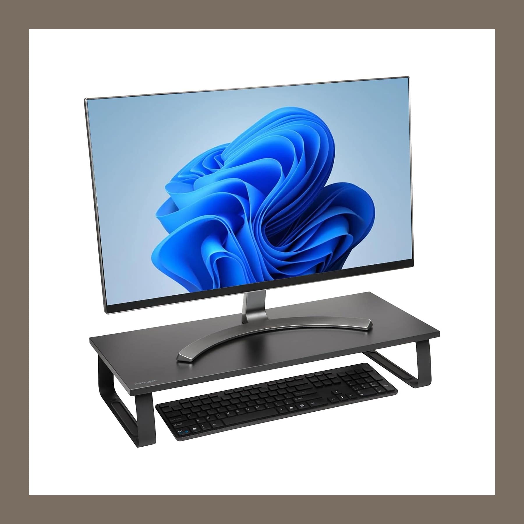 Kensington Extra Wide Monitor Stand in black, a monitor on top and a keyboard tucked underneath