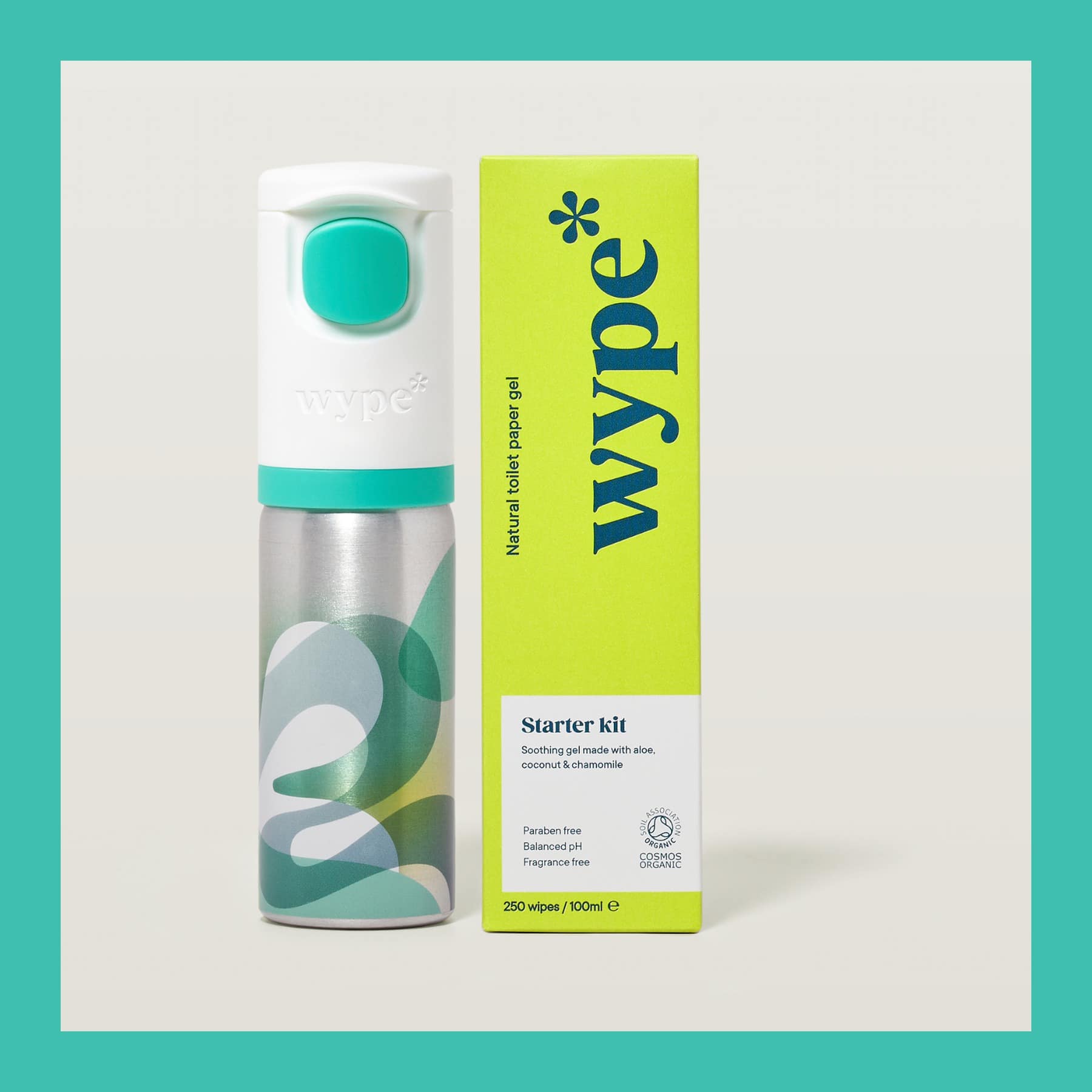 Wype Starter Kit: a white and teal pump applicator on a patterned aluminium refill next to its lime green box