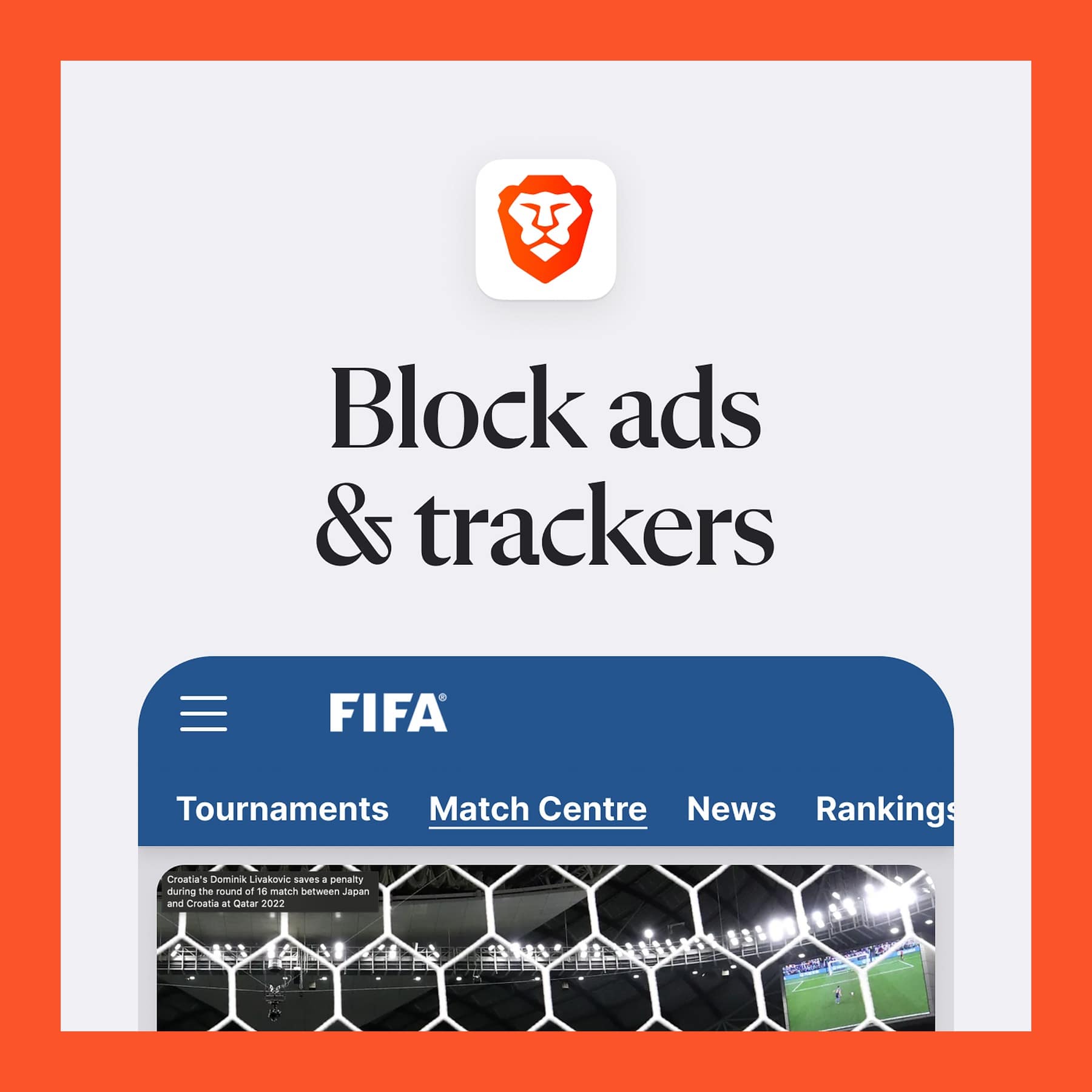 Brave browser App Store screen with the Brave lion logo and the words Block ads and trackers above a news site