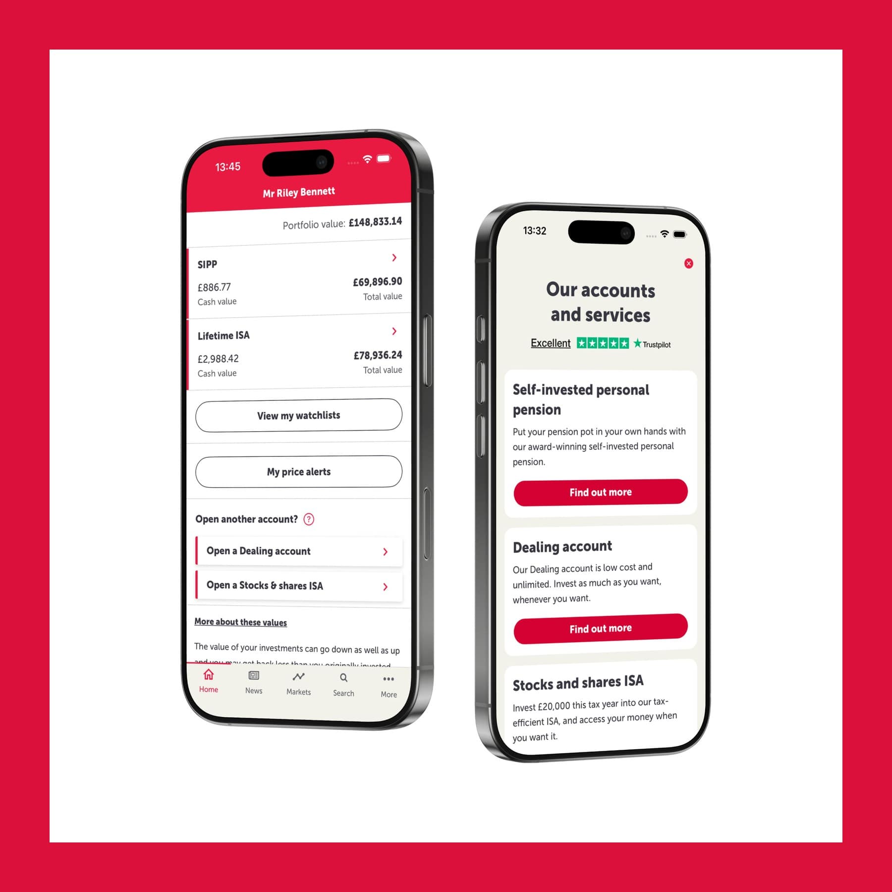 AJ Bell app on two phones showing a portfolio with SIPP and Lifetime ISA values, and the accounts and services screen