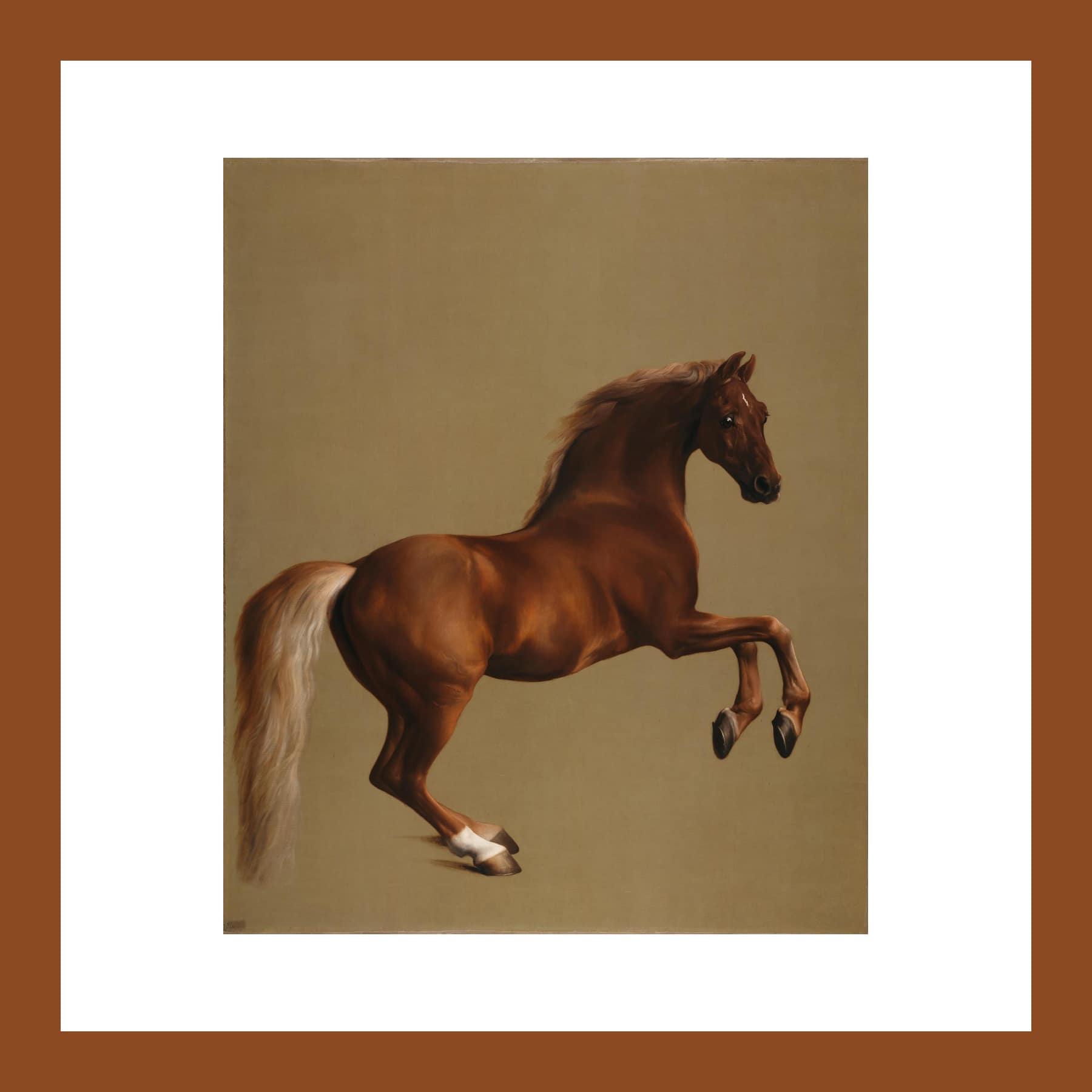 George Stubbs's Whistlejacket, a rearing chestnut racehorse on a plain gold ground, as a print inside a brown border