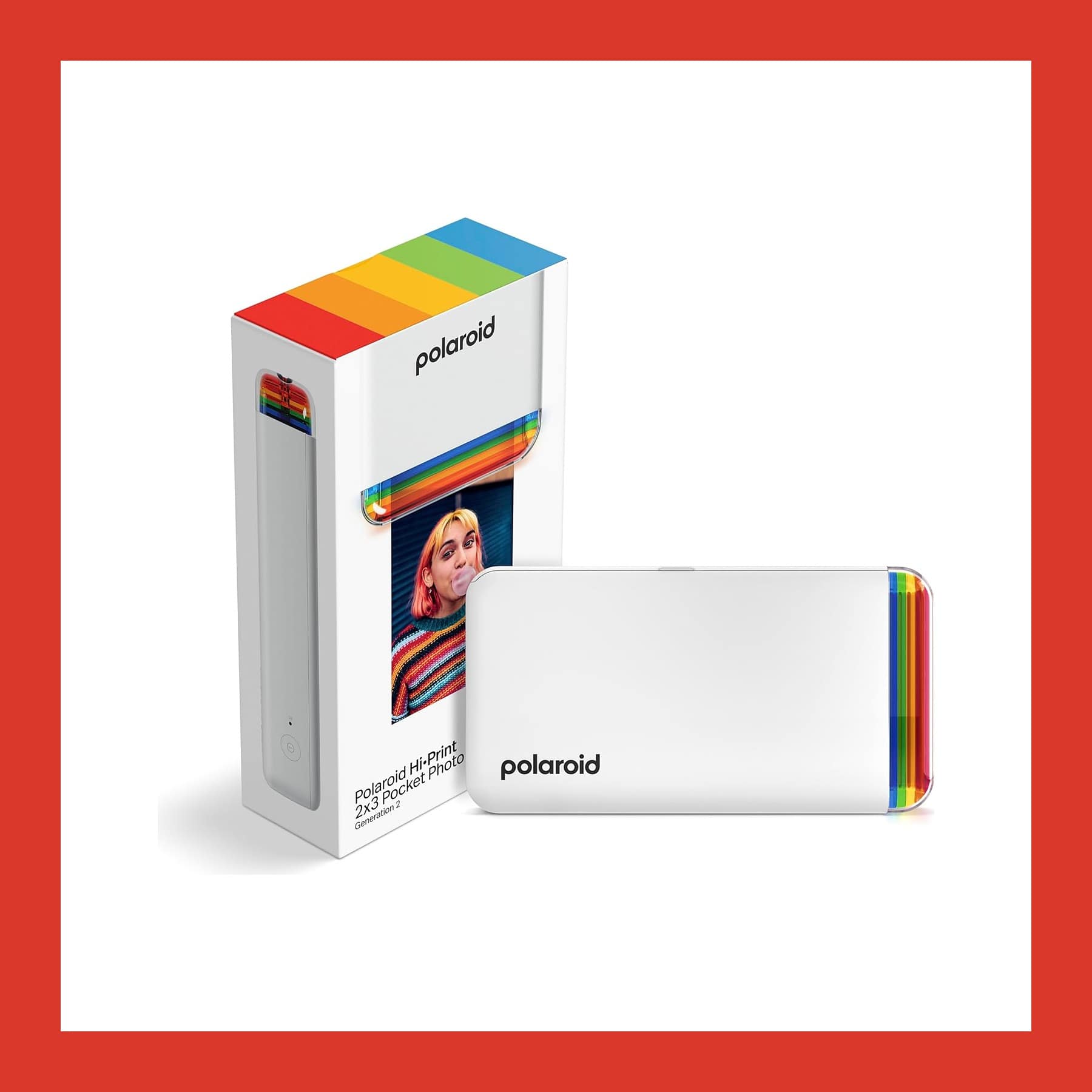 White Polaroid Hi-Print 2x3 Generation 2 pocket photo printer beside its rainbow-striped box
