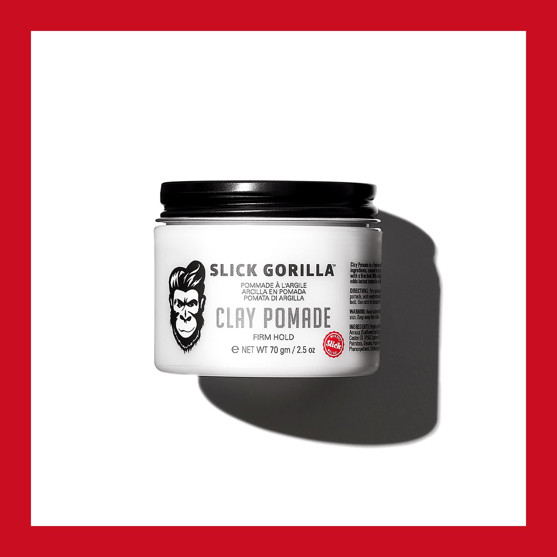 Slick Gorilla Clay Pomade 70g tub with a black lid and gorilla logo, inside a red border