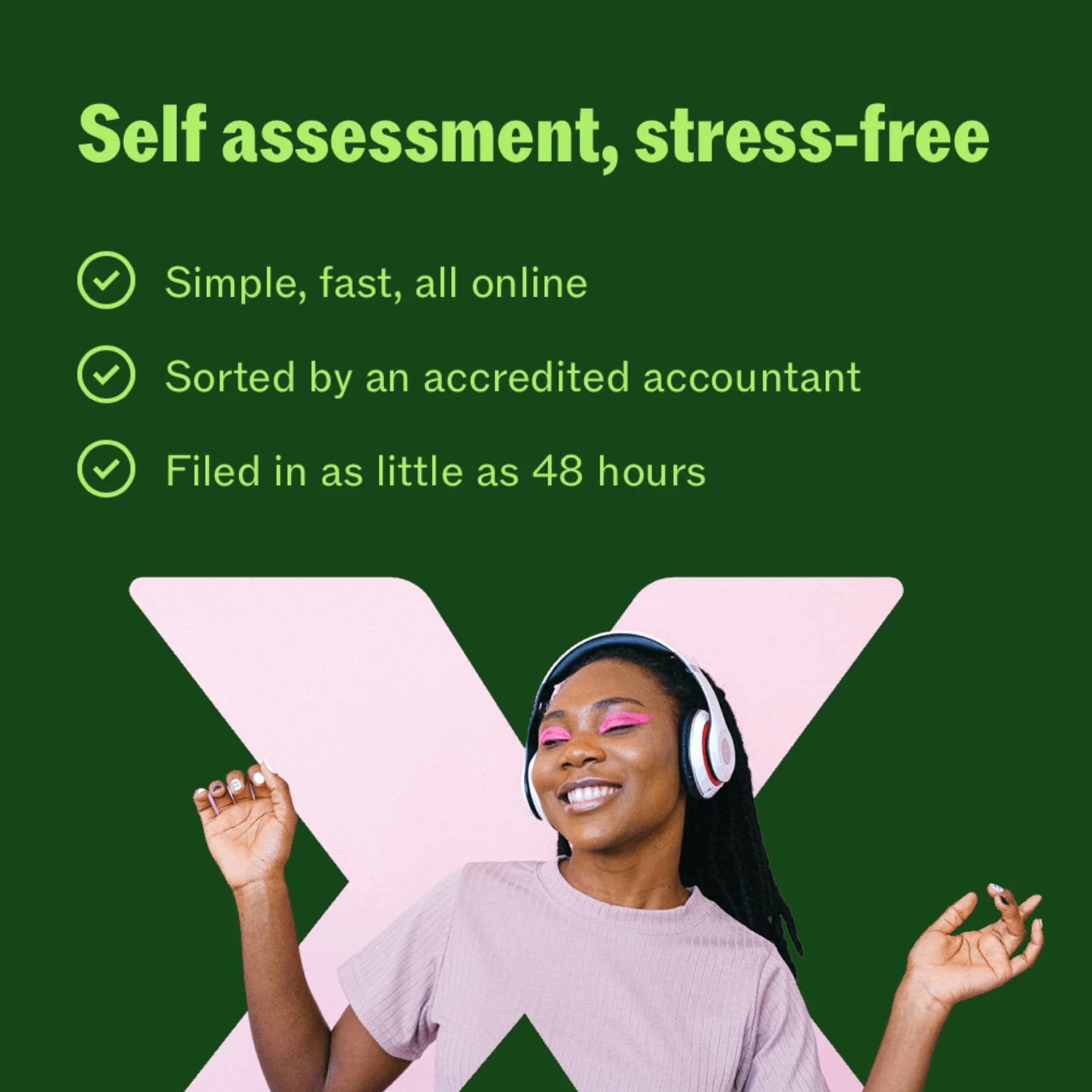 Taxfix UK promotional graphic showing self assessment features with a smiling woman wearing headphones