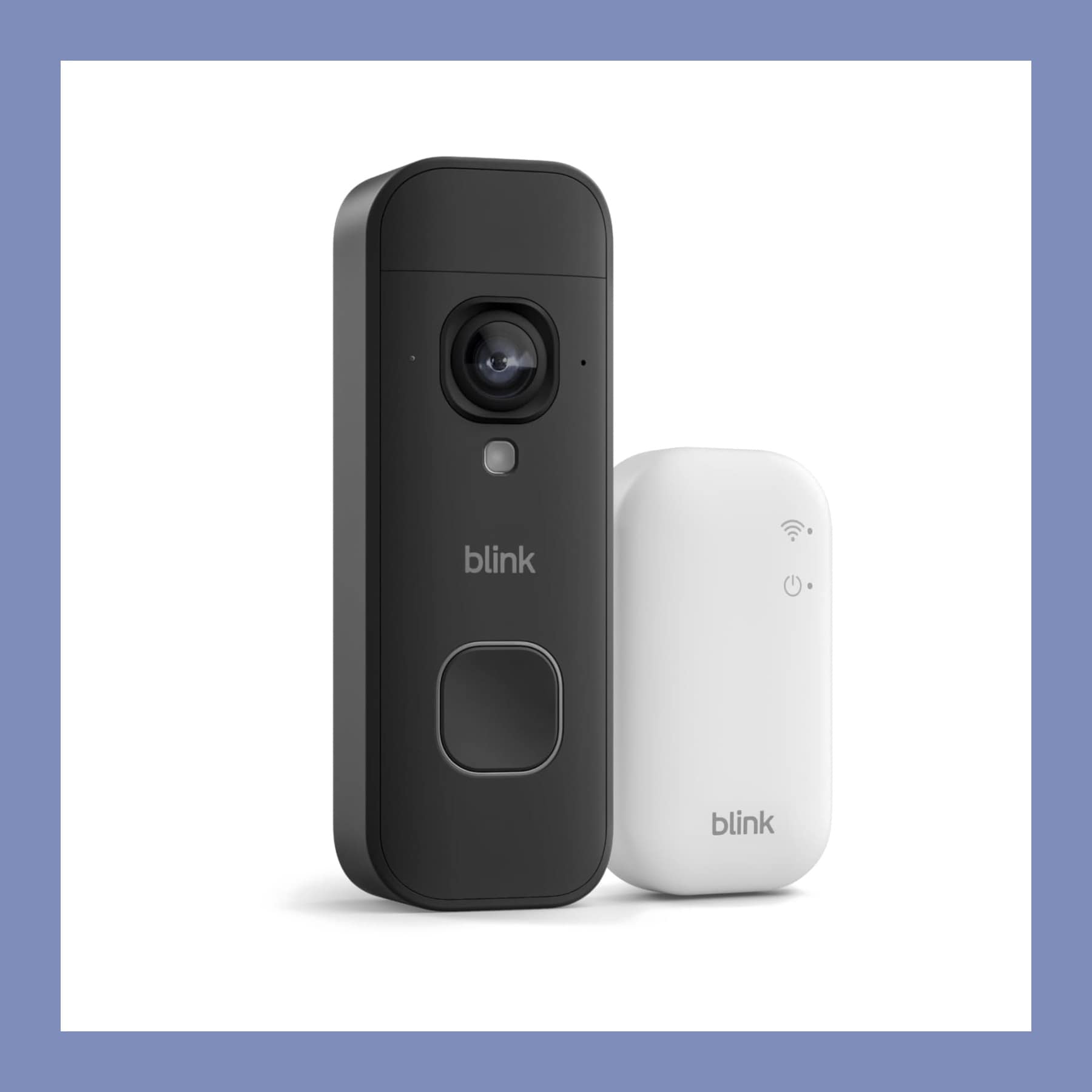 Black Blink Battery Doorbell 2K+ video doorbell standing beside a white Blink Sync Module Core hub