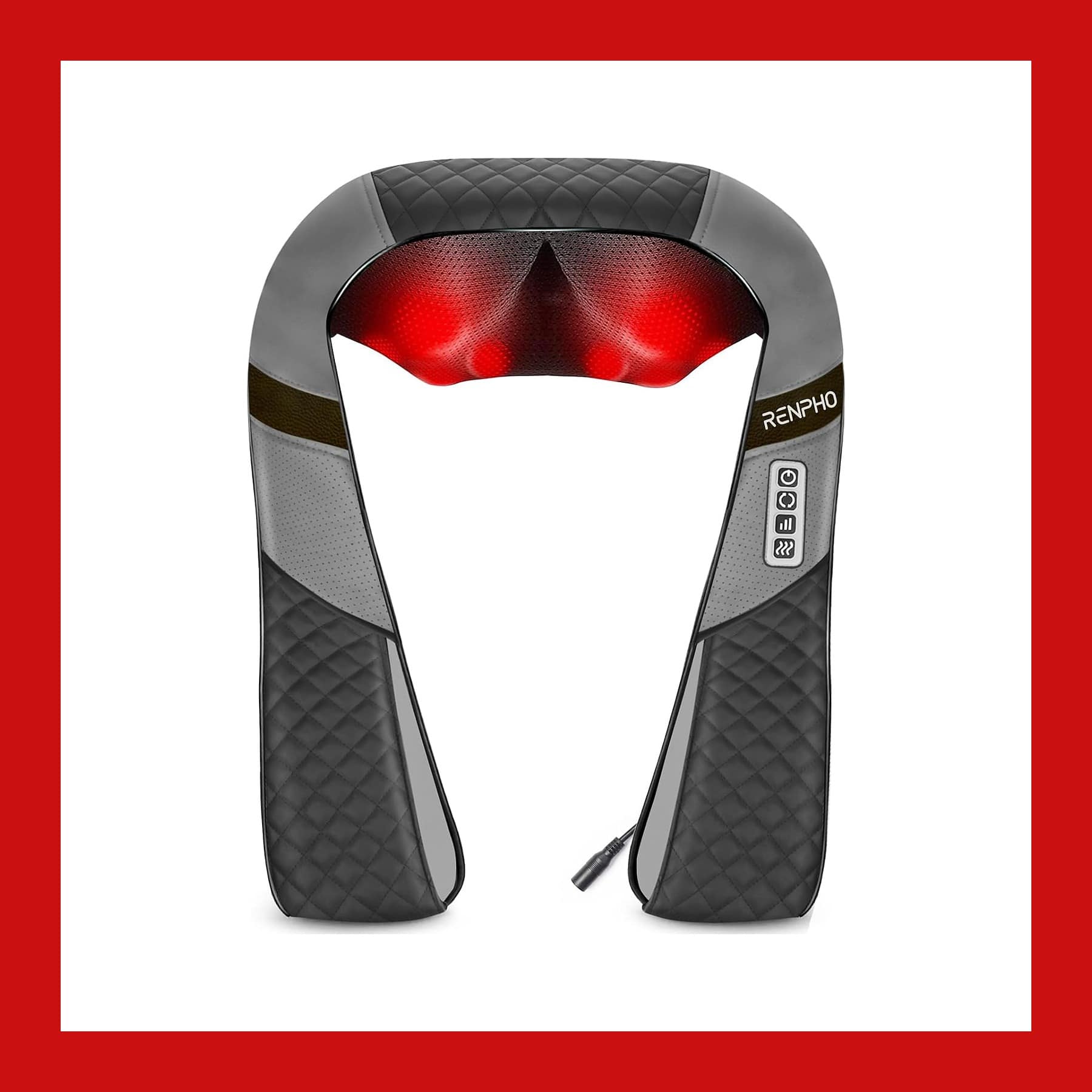 RENPHO U-shaped shiatsu neck massager in grey and black with red heated massage nodes