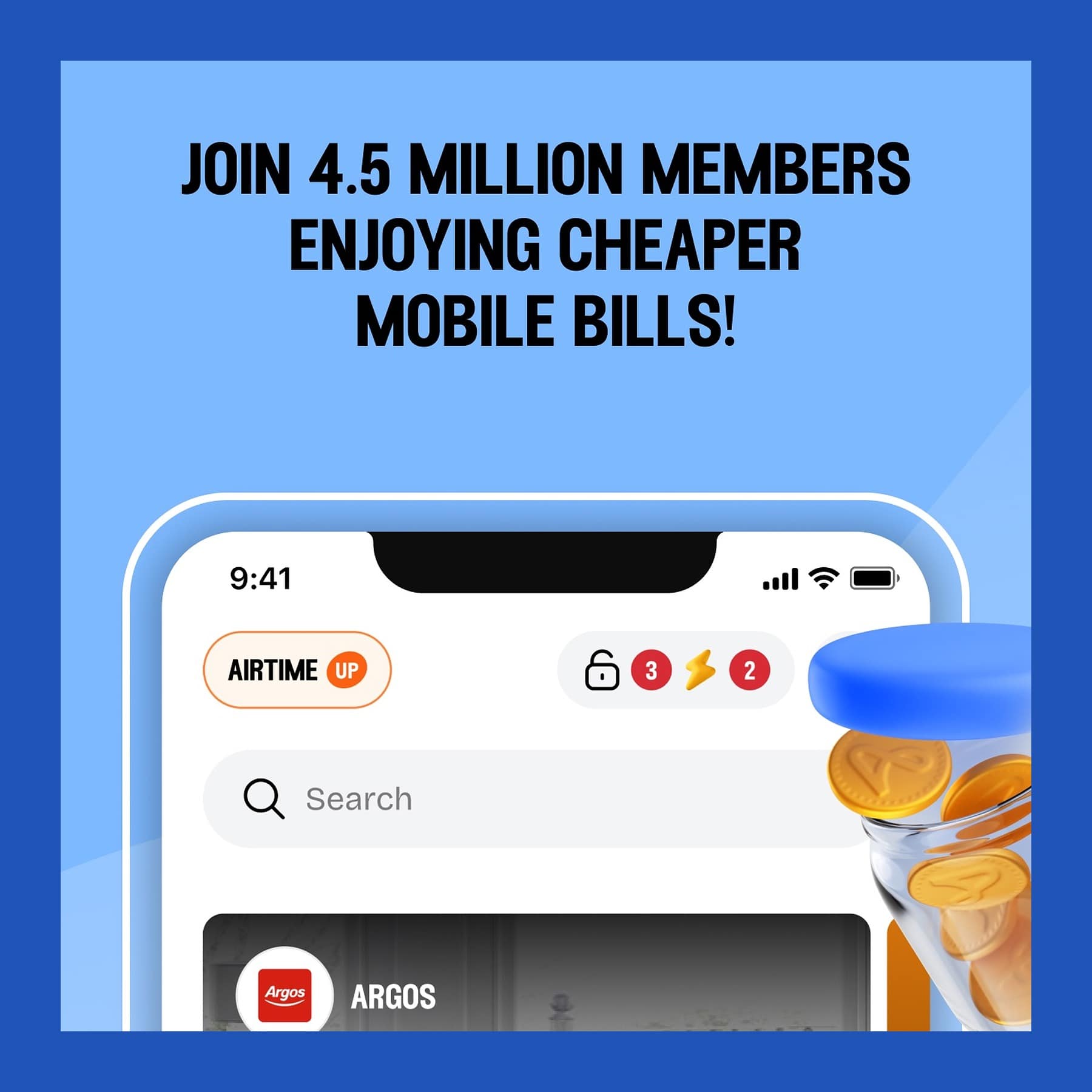 The Airtime rewards app home screen on an iPhone, with retailer offers and the line join 4.5 million members