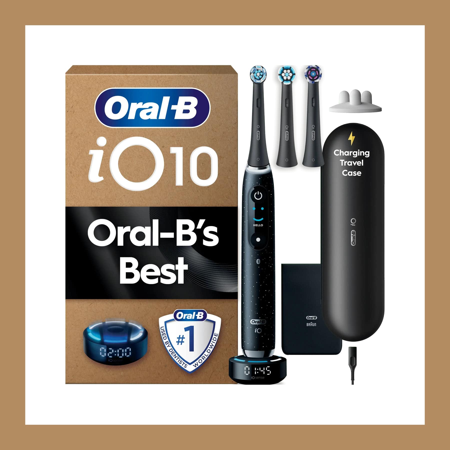 Oral-B iO10 electric toothbrush in Cosmic Black with iO Sense charger, three brush heads and charging travel case