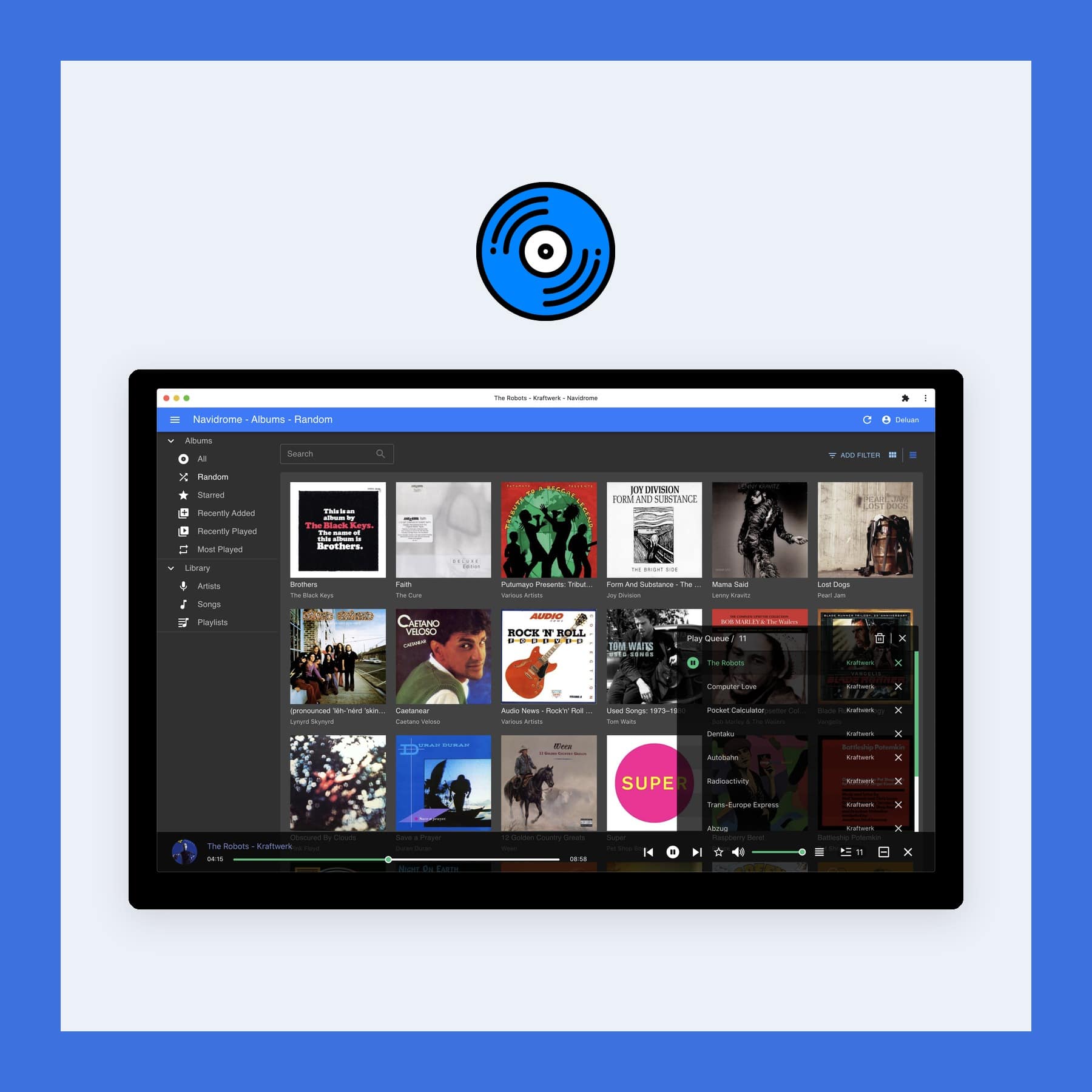Navidrome web player showing a grid of album covers and the play queue