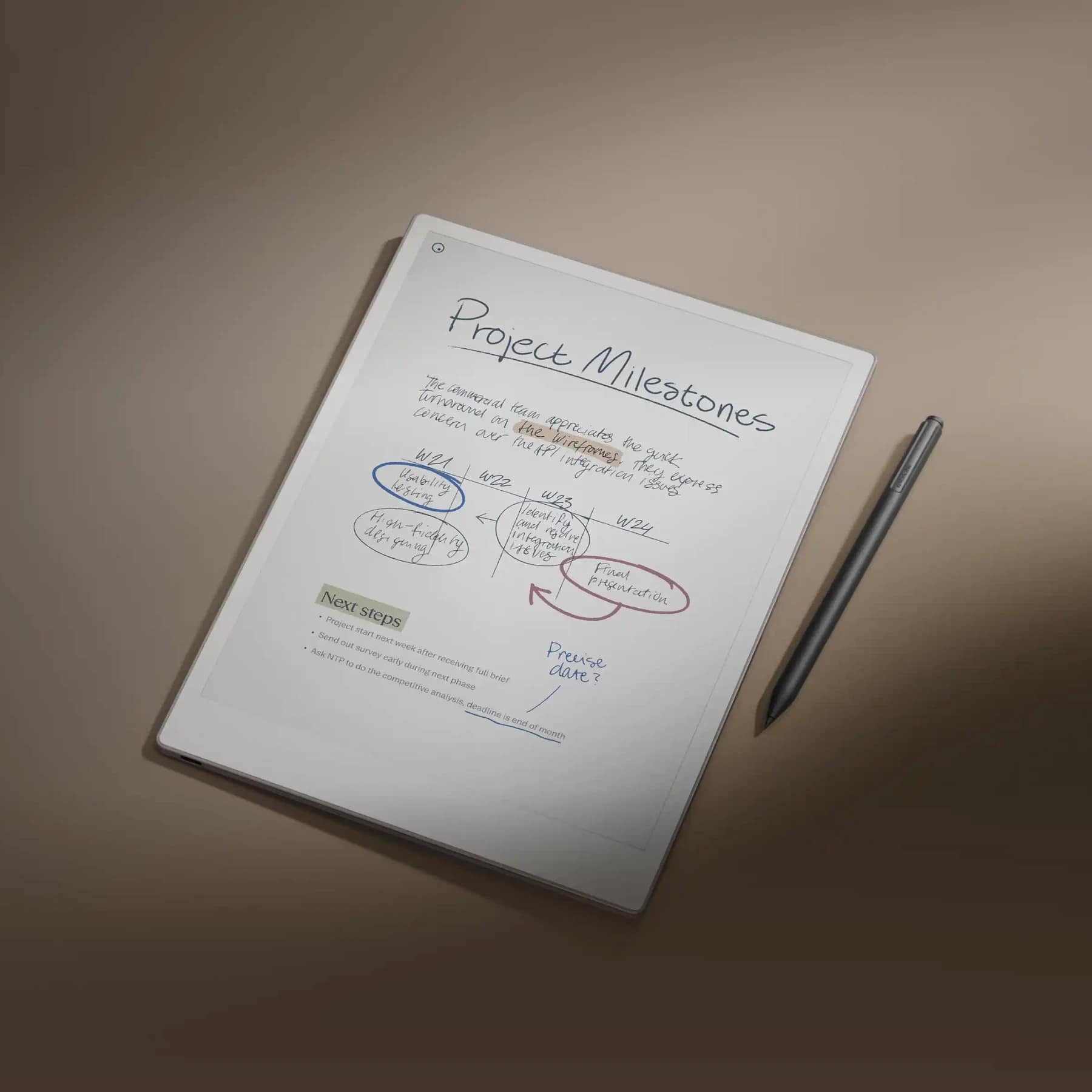Remarkable Paper Pro e-ink tablet showing handwritten colour notes with Marker Plus stylus