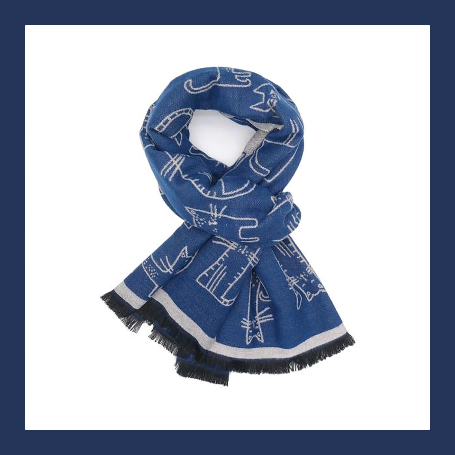 Blue woven scarf with cats drawn in pale outline and a black fringe, looped on a white background