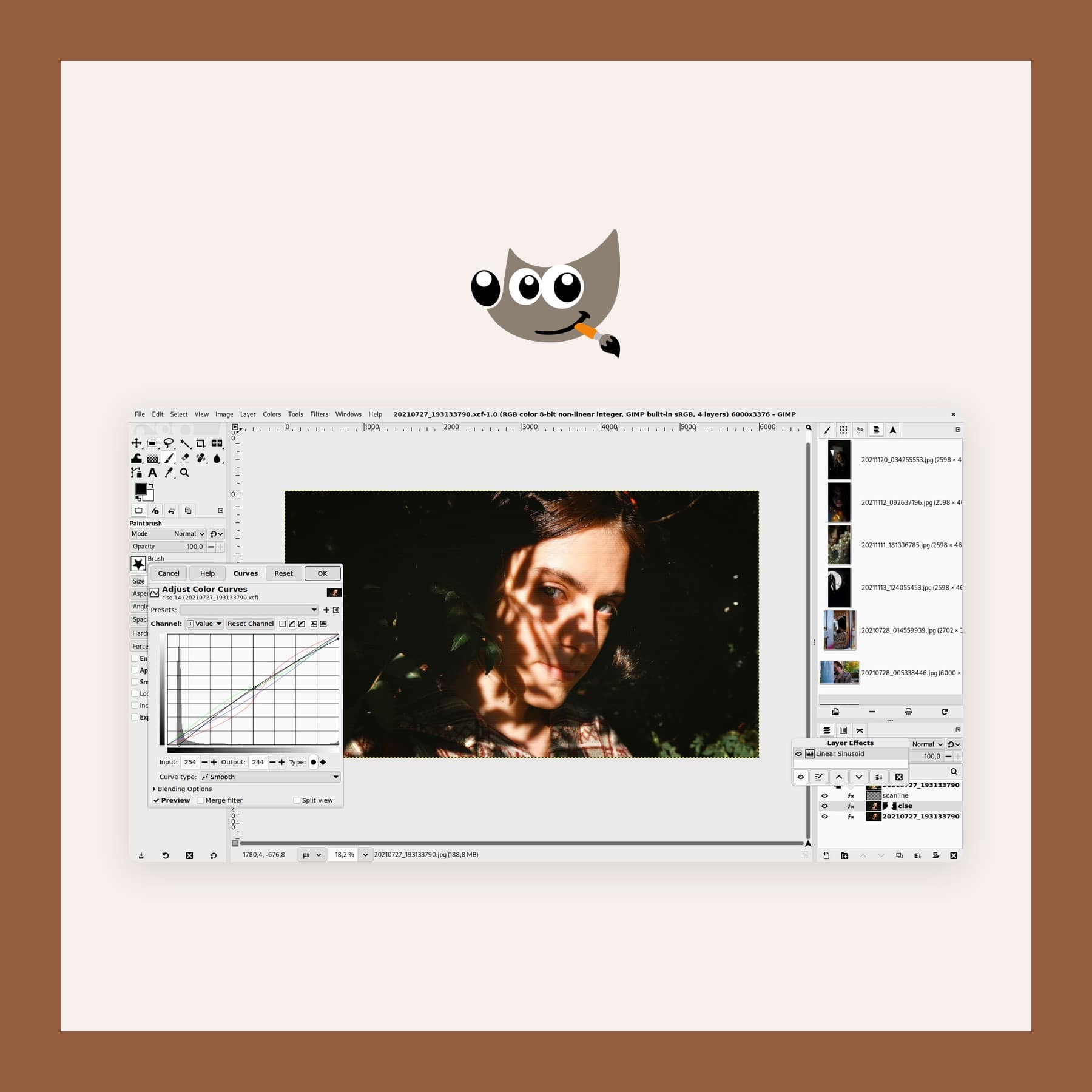 GIMP 3 window editing a portrait with the Curves filter and layers panel open