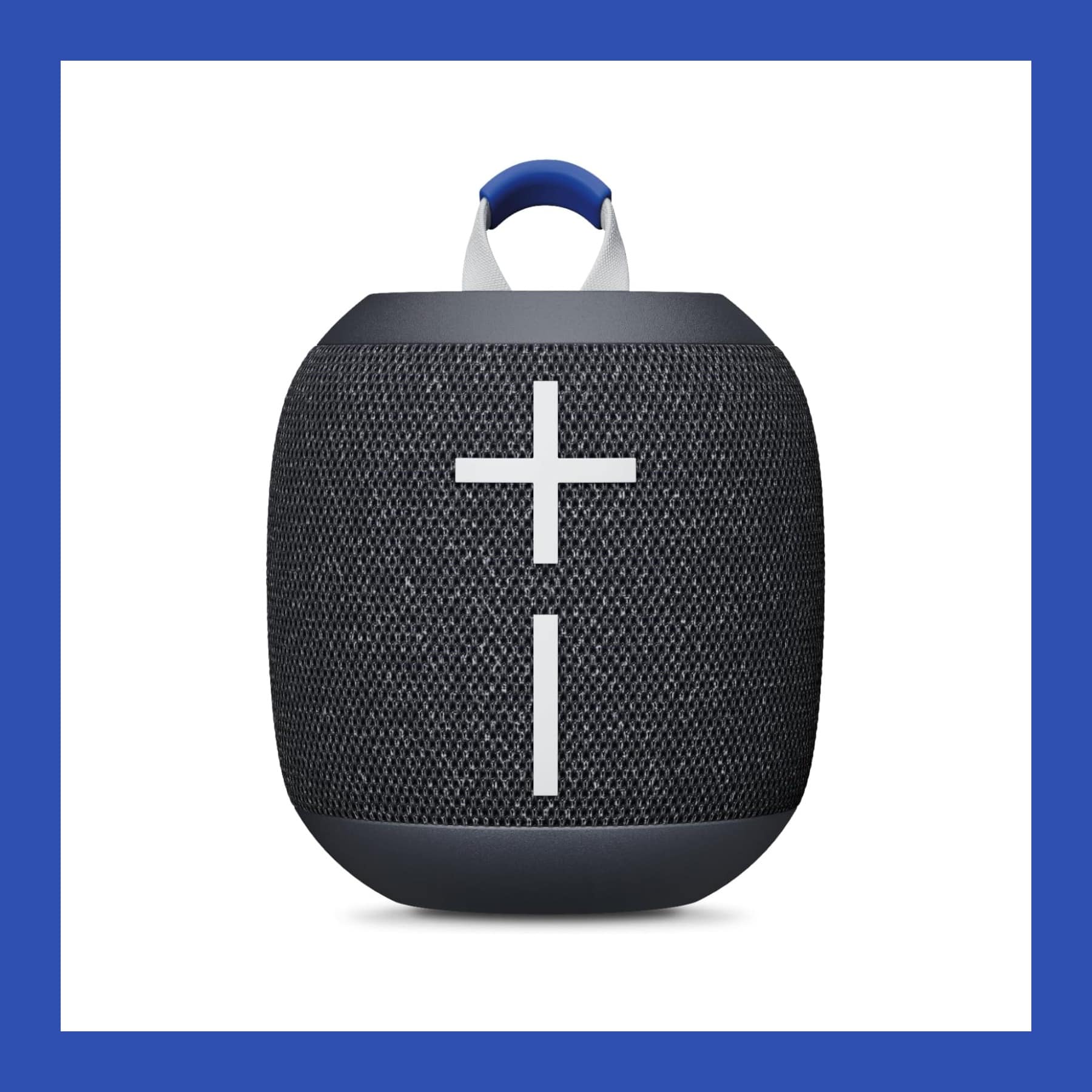 Ultimate Ears Wonderboom 4 Bluetooth speaker in black with a blue carry loop, on a white background