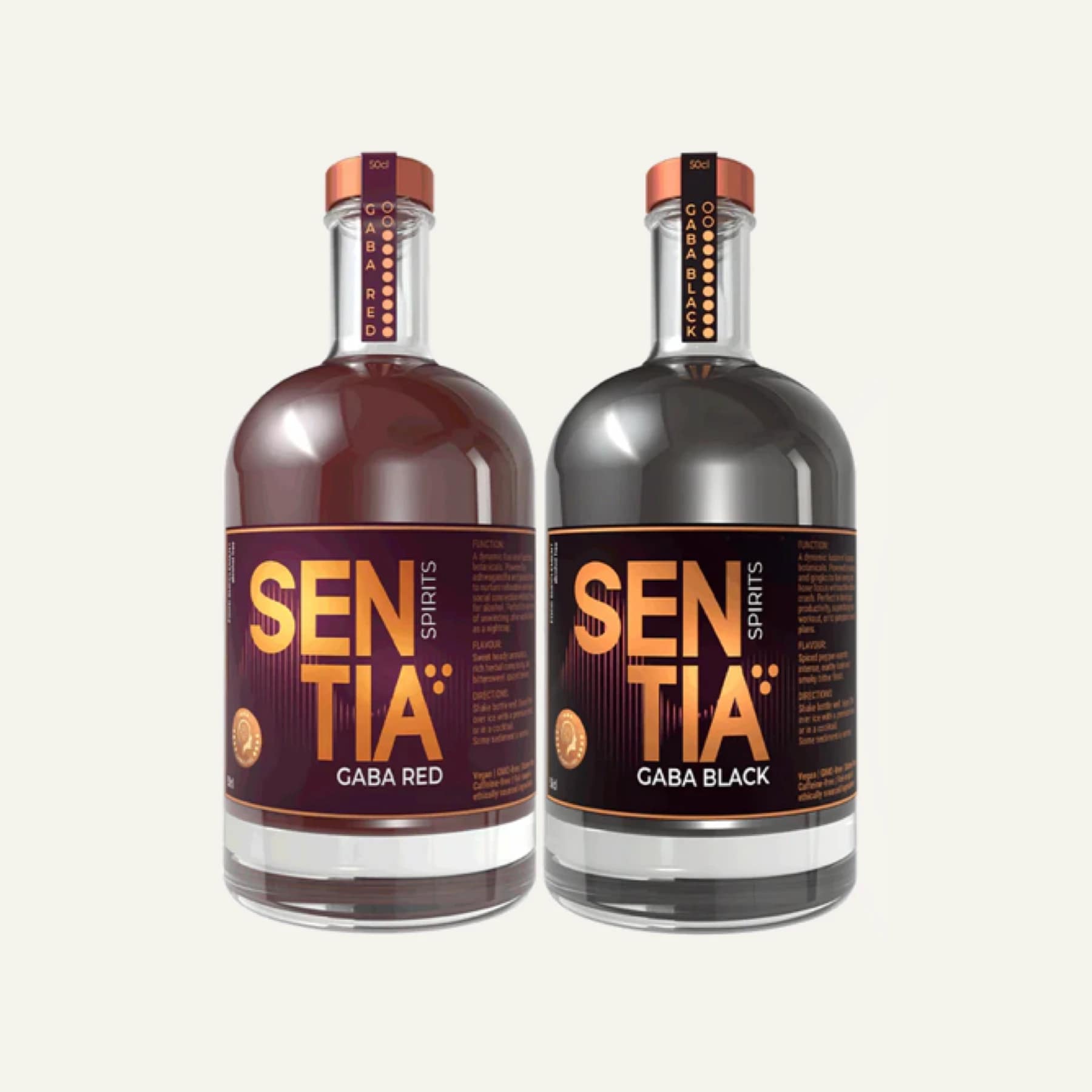 Bottles of Sentia GABA Red and Sentia GABA Black, botanical non alcoholic spirits designed to support relaxation through the GABA system.