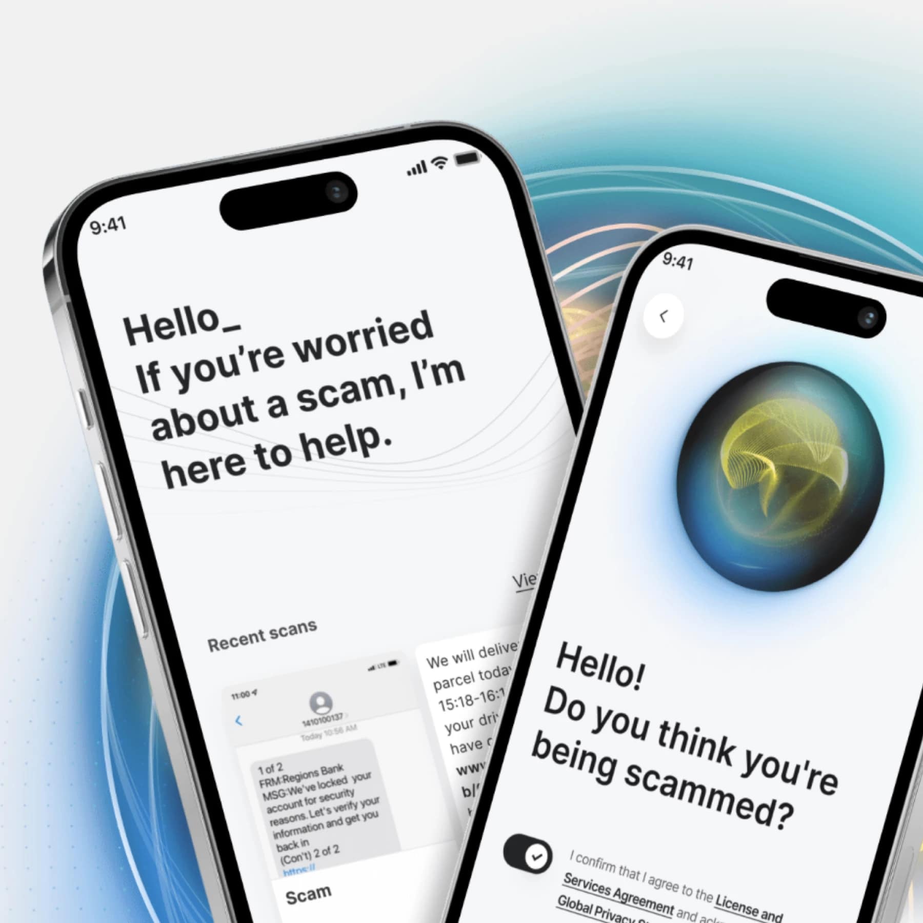 Norton Genie app interface on iPhone showing scam message detection and AI assistant screen