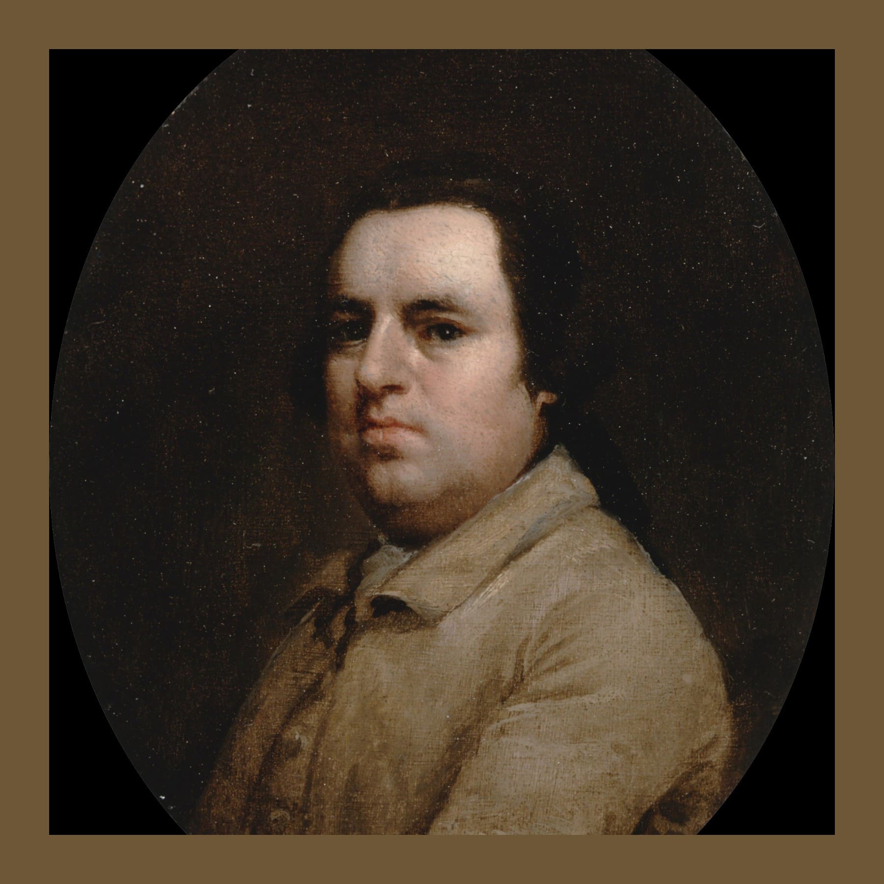 Oval painted self-portrait of George Stubbs as a young man in a pale buff coat against a dark background