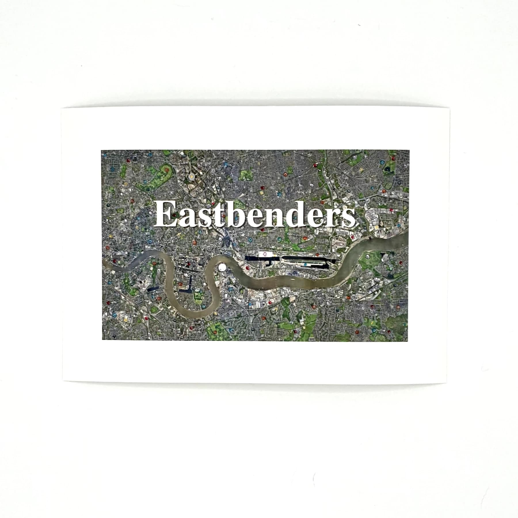 Queer London art print “Soapy Drama” by Stiven Skyrah, featuring EastEnders-inspired map of London with the word Eastbenders across the Thames.