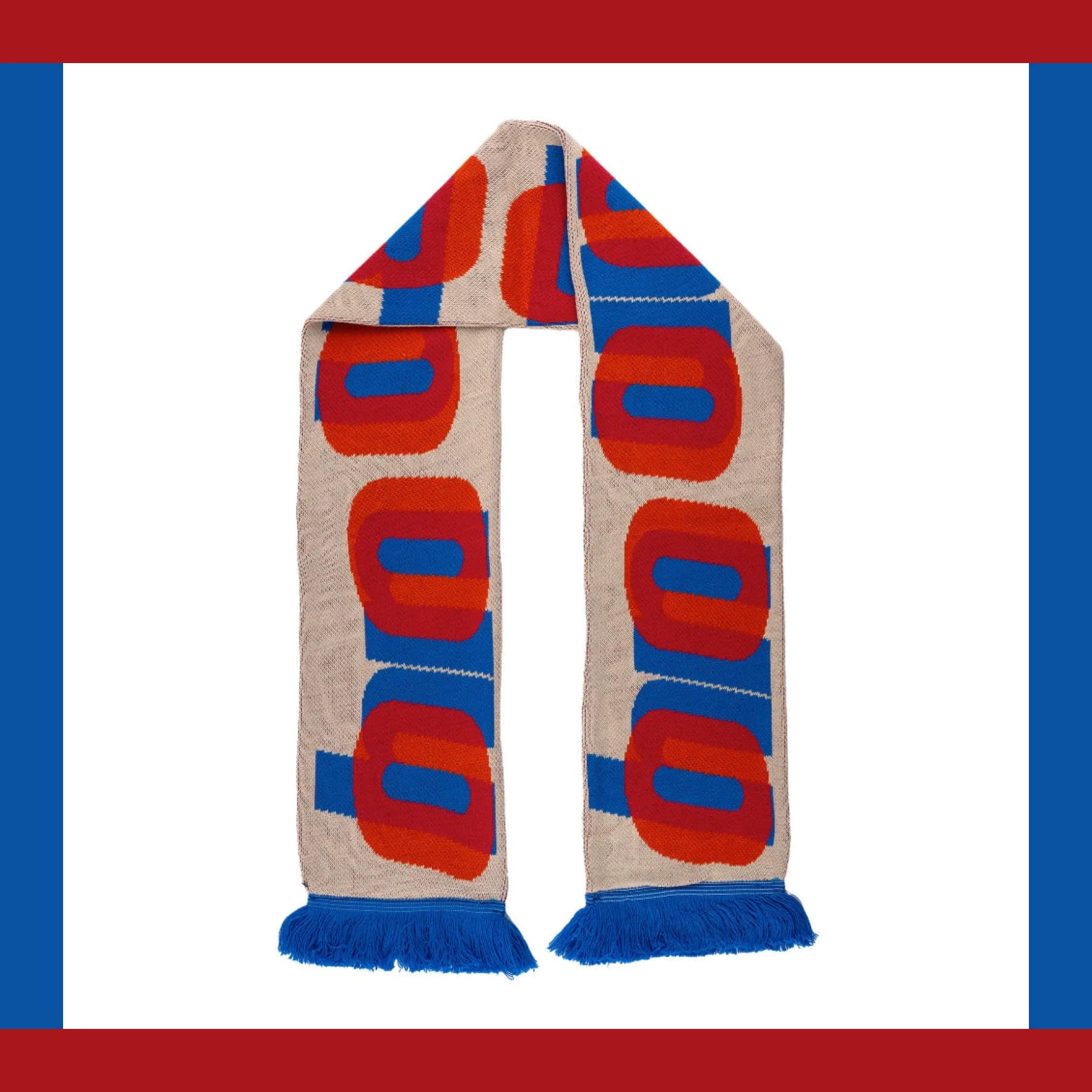 Harland Miller Oh No scarf in red and blue with blue tassels (Design Museum Shop)