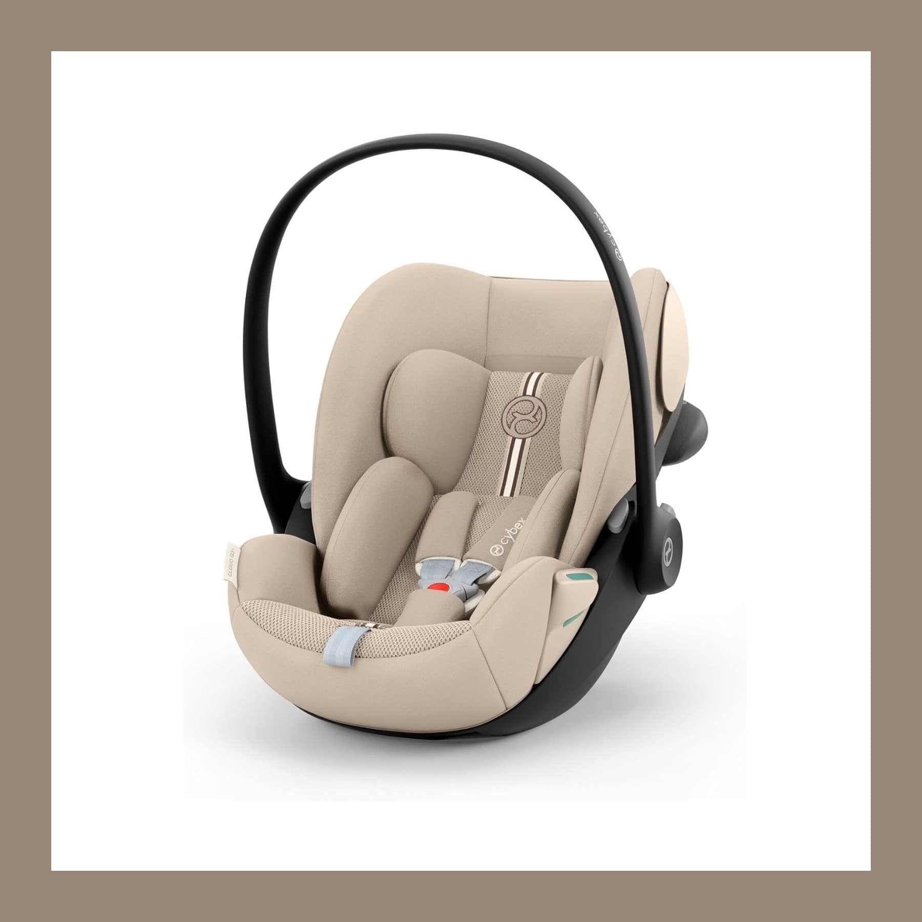 Cybex Cloud G3 Plus infant car seat in Almond Beige with black carry handle and newborn insert
