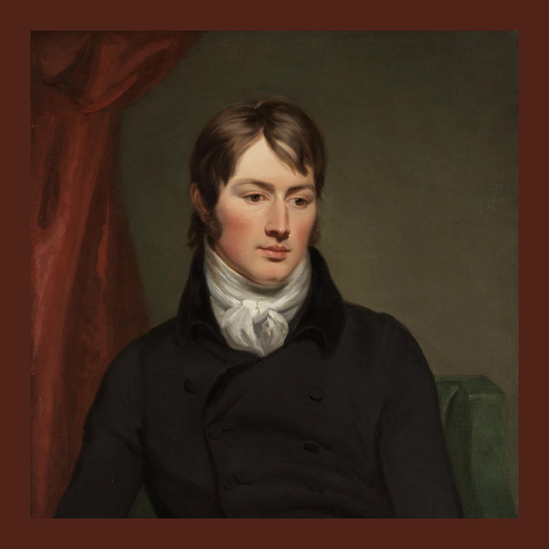 Painted portrait of the young John Constable in a dark coat and white cravat, against a red curtain