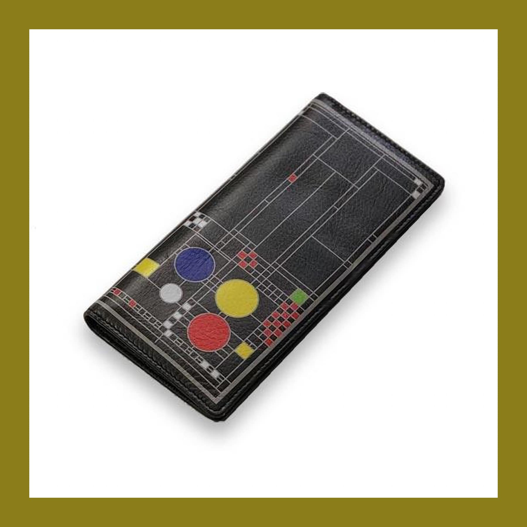 Black leather Frank Lloyd Wright wallet printed with red, yellow and blue circles on a grid of silver lines
