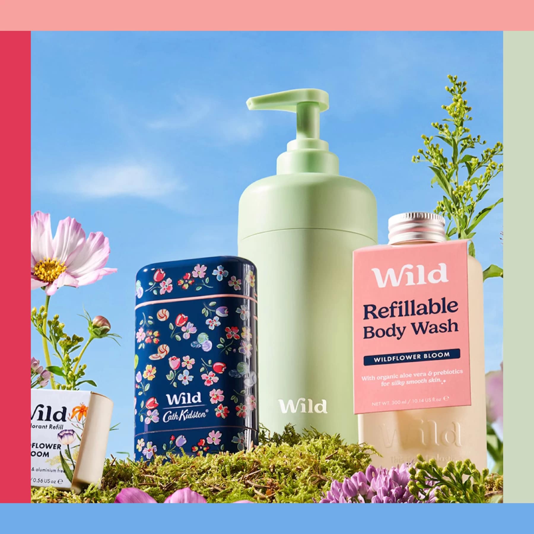 Wild deodorant and refillable body wash on a natural background with eco-friendly packaging.