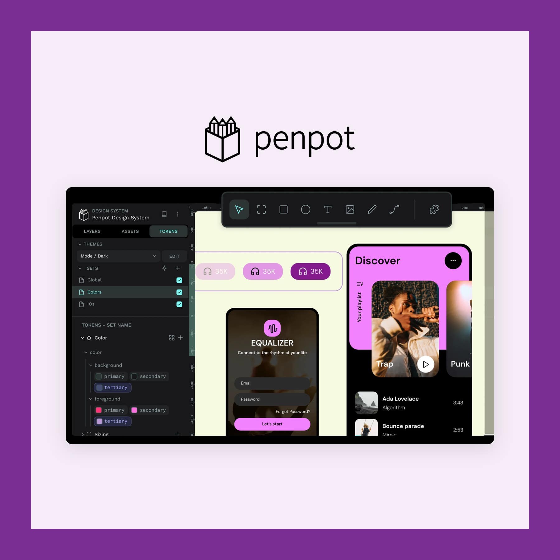 Penpot design app showing a design tokens panel next to music app screen designs