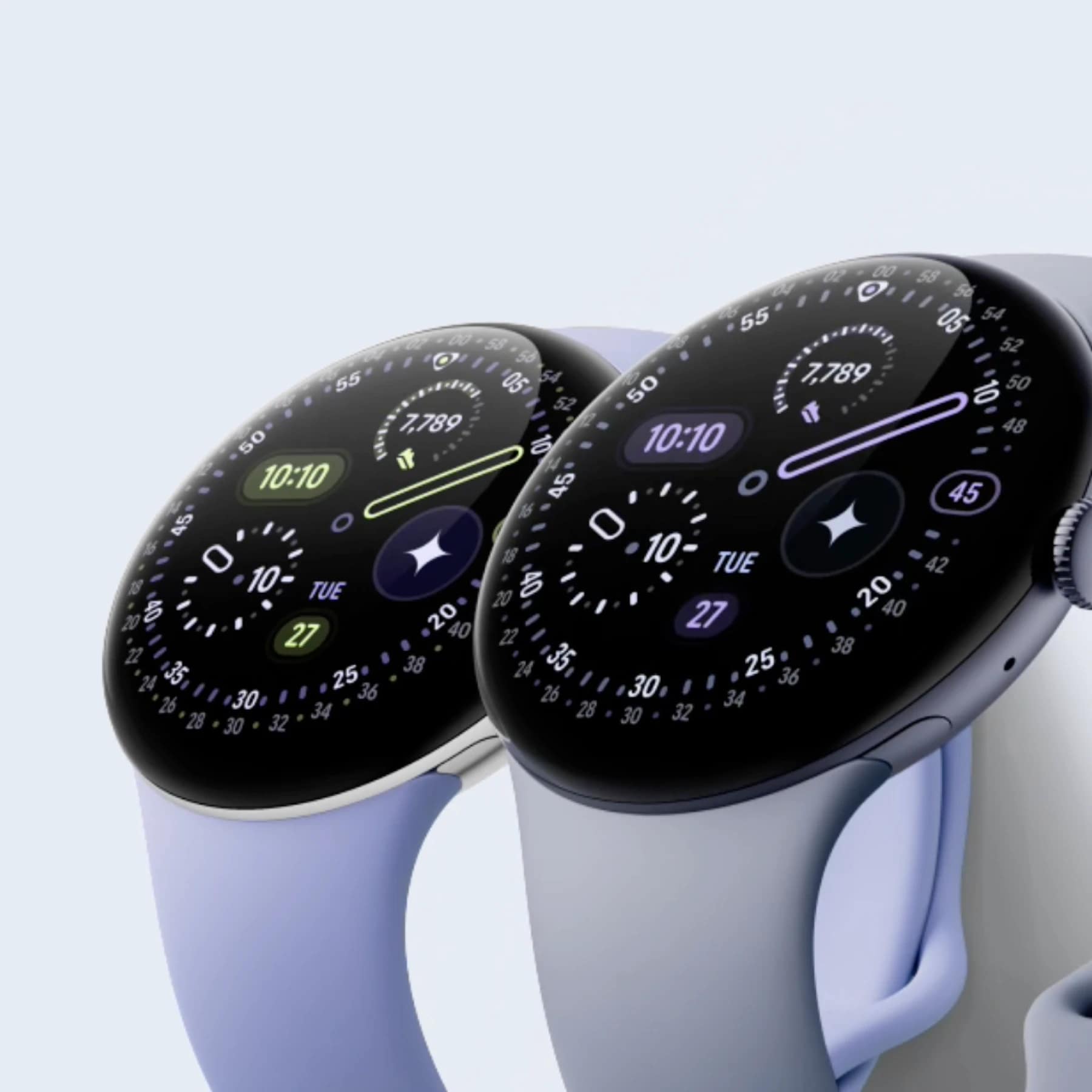 Pixel Watch 4 in two sizes (41mm and 45mm) showing a domed round display with complications
