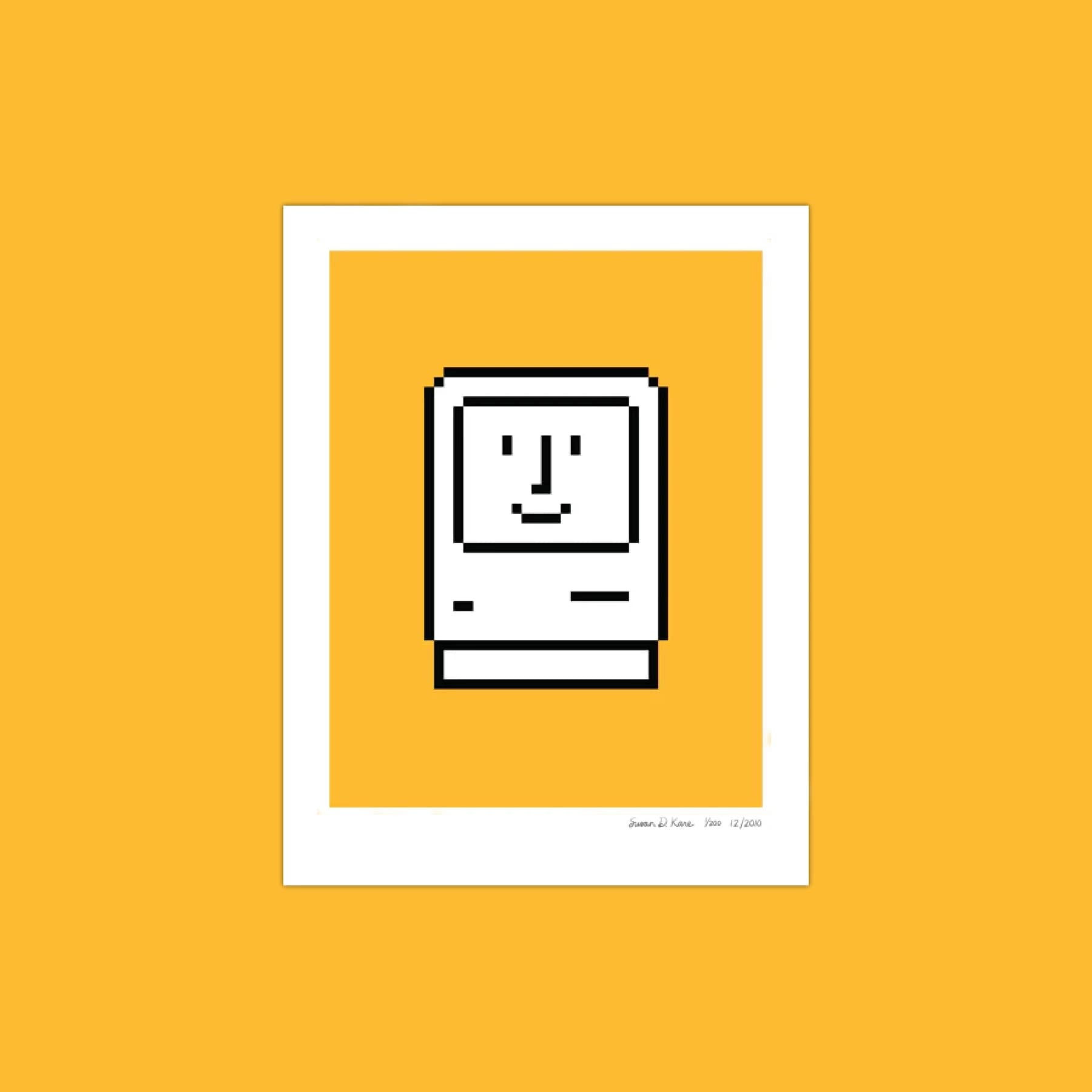 Happy Macintosh art print by Susan Kare on bright yellow background