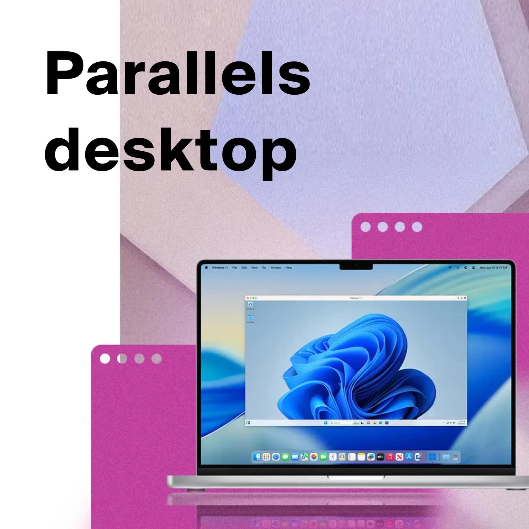 Promotional image for Parallels Desktop with a laptop showing Windows on macOS
