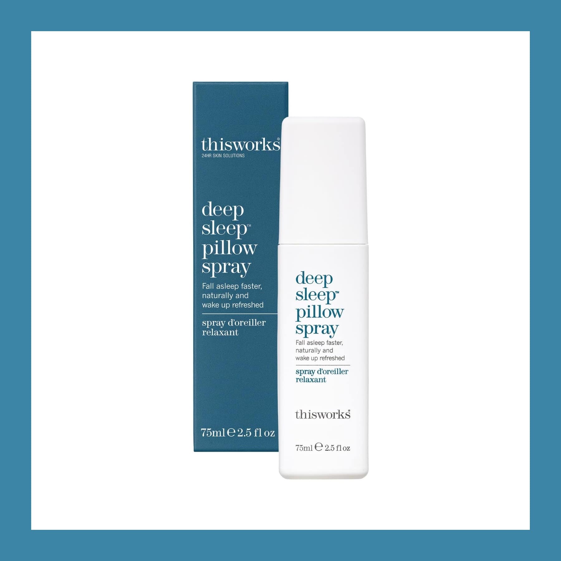 This Works Deep Sleep Pillow Spray 75ml white bottle standing beside its teal box