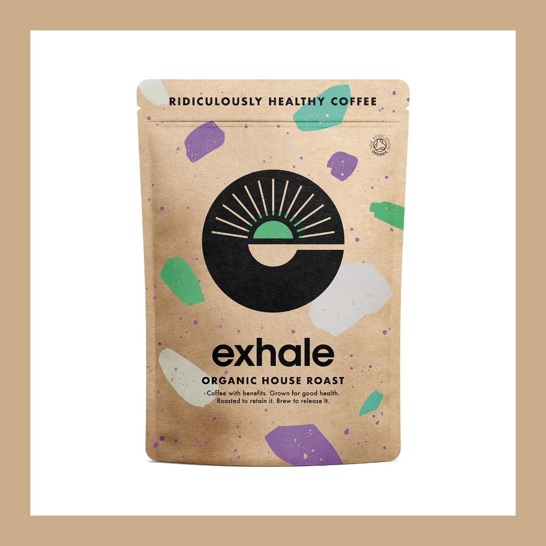 Exhale Coffee Organic House Roast pouch on a kraft border
